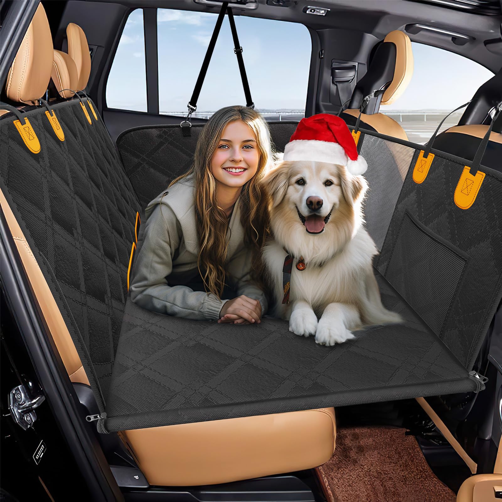 **Dog Car Seat Cover with Hard Bottom & Mesh Window - Back Seat Extender for Dogs, Pet Travel Hammock for SUV, Truck & Camping - Durable & Comfortable for Road Trips & Outdoor Adventures**