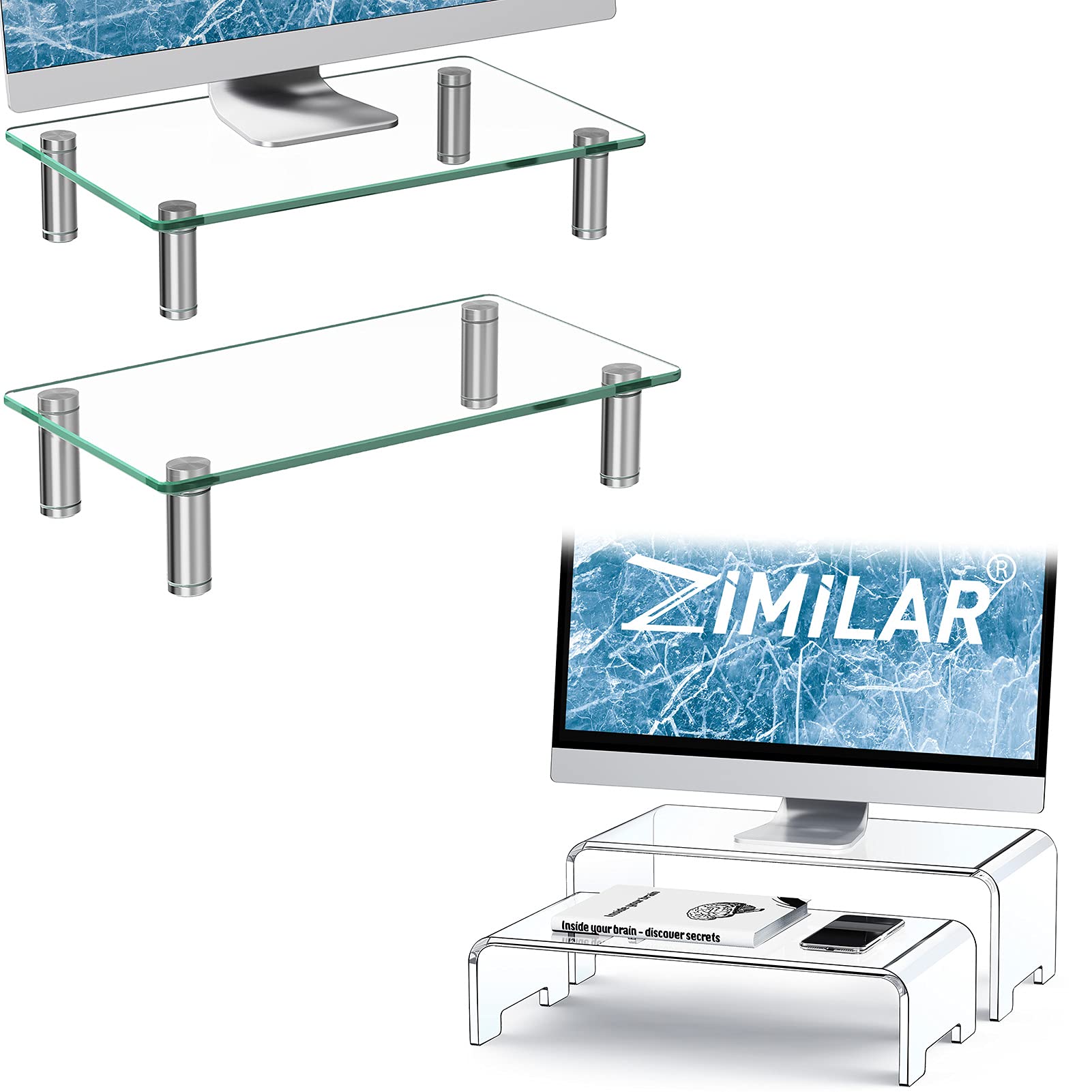 Zimilar 2 Pack Adjustable Height Tempered Glass Monitor Stand Riser with 2 Pack (Large & Small) Acrylic Computer Stand - Perfect for Home Office, Gaming Setup & Workspace Organization