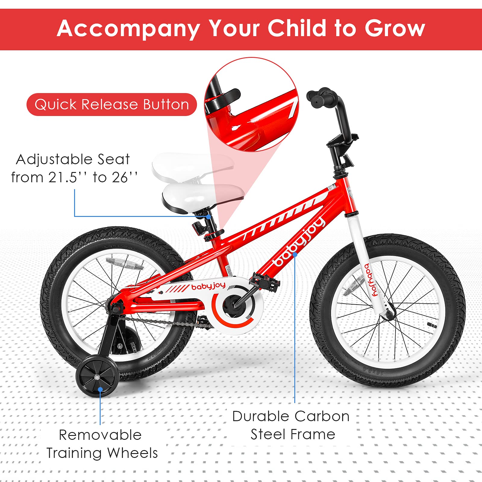 BABY JOY 16 Inch Kids Bike for Boys & Girls - Adjustable Seat, Removable Training Wheels & Safe Brake System - Ideal Bicycle for 5-8 Year Old Children - Perfect for Neighborhood Rides, Park Adventures & Learning to Cycle