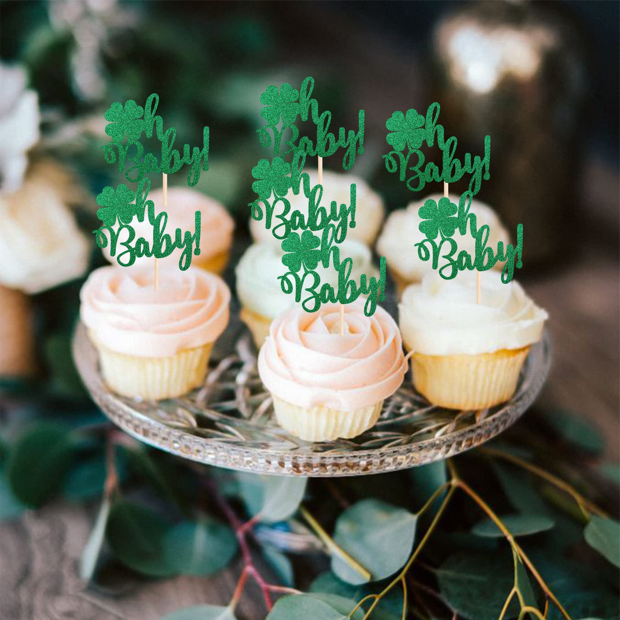 24 PCS St. Patrick's Day Cupcake Toppers - Green Glitter Shamrock & Lucky Four Leaf Clover Decorations for Baby Shower, Birthday Party & Cake Decorating Supplies | Perfect for Irish-Themed Celebrations and Festive Dessert Displays