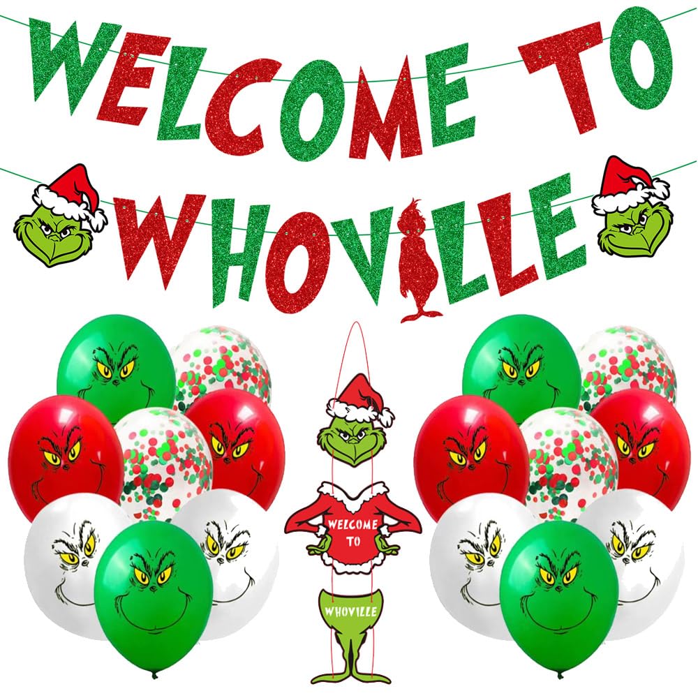 Whoville Christmas Party Decorations - Welcome Banner, Door Sign & Latex Balloons Set | Holiday Party Supplies for Home, Office & Festive Gatherings