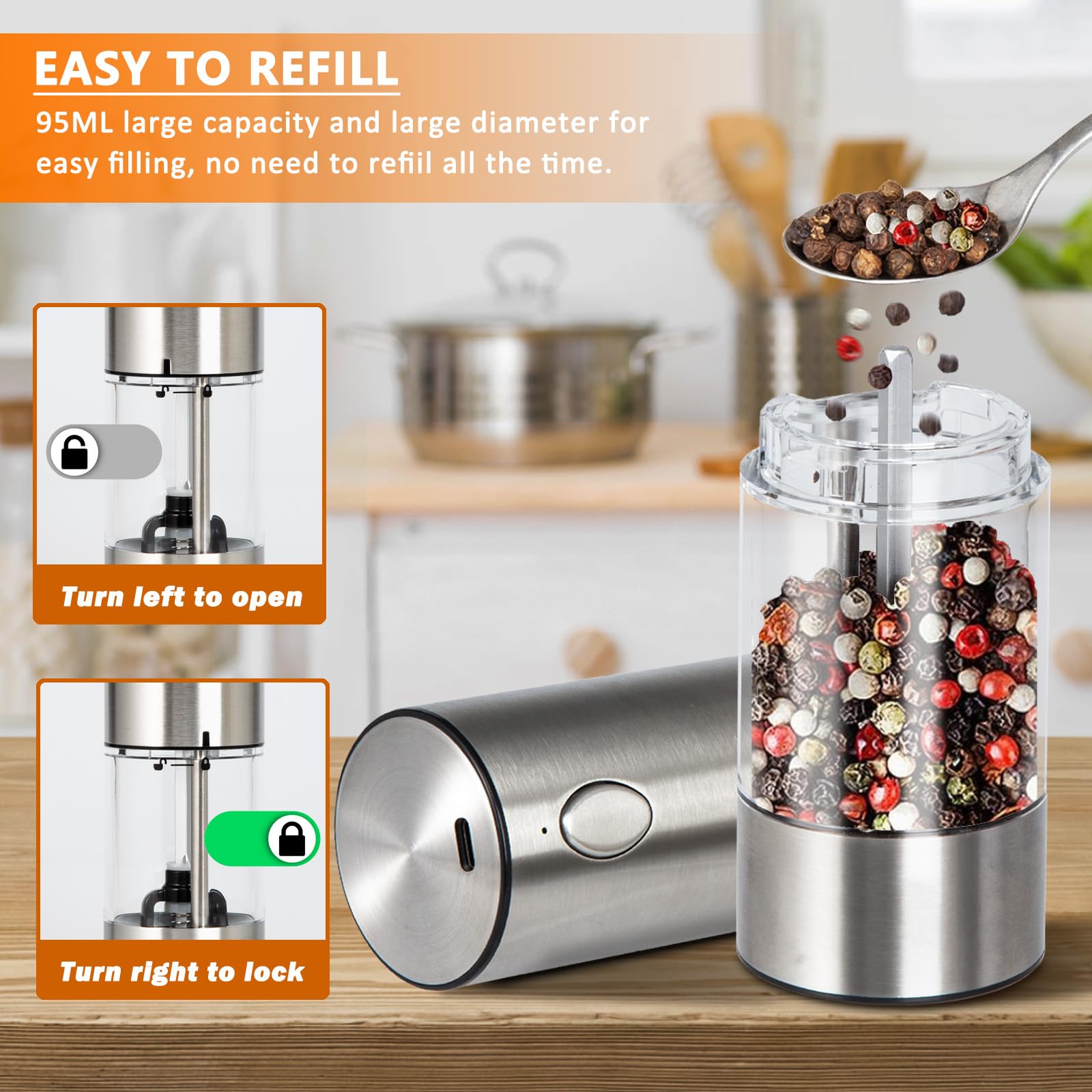 Rechargeable Electric Salt and Pepper Grinder Set - Stainless Steel Automatic Mill with LED Light & 95ml Washable Container - Refillable Kitchen Spice Shaker for Cooking, Baking & Table Seasoning (Silver)
