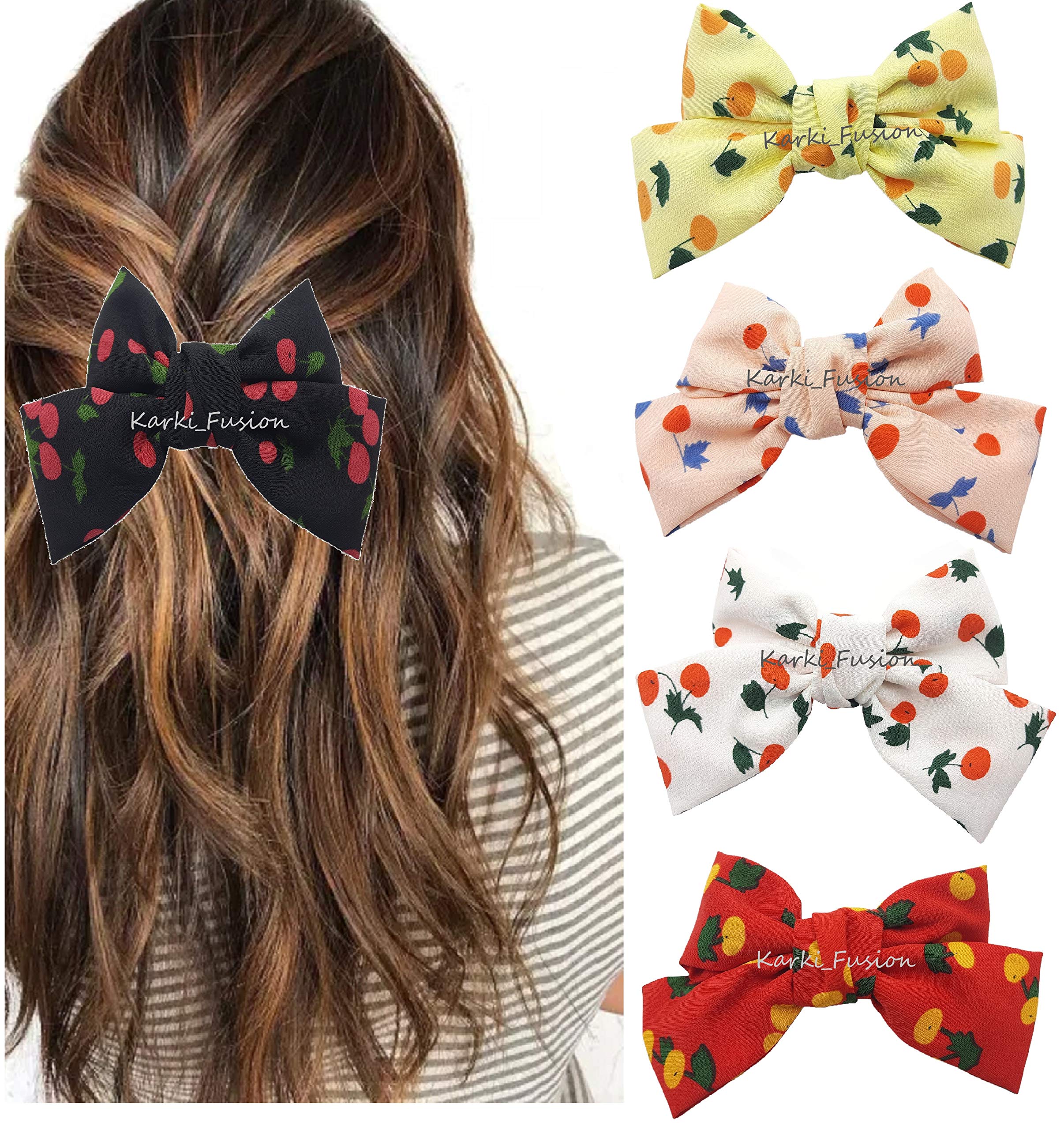 Karki Fusion Fruit Print Design Bow Hair Clips for Women & Girls - 4 Pack Assorted Colors - Perfect for School, Parties & Everyday Accessories
