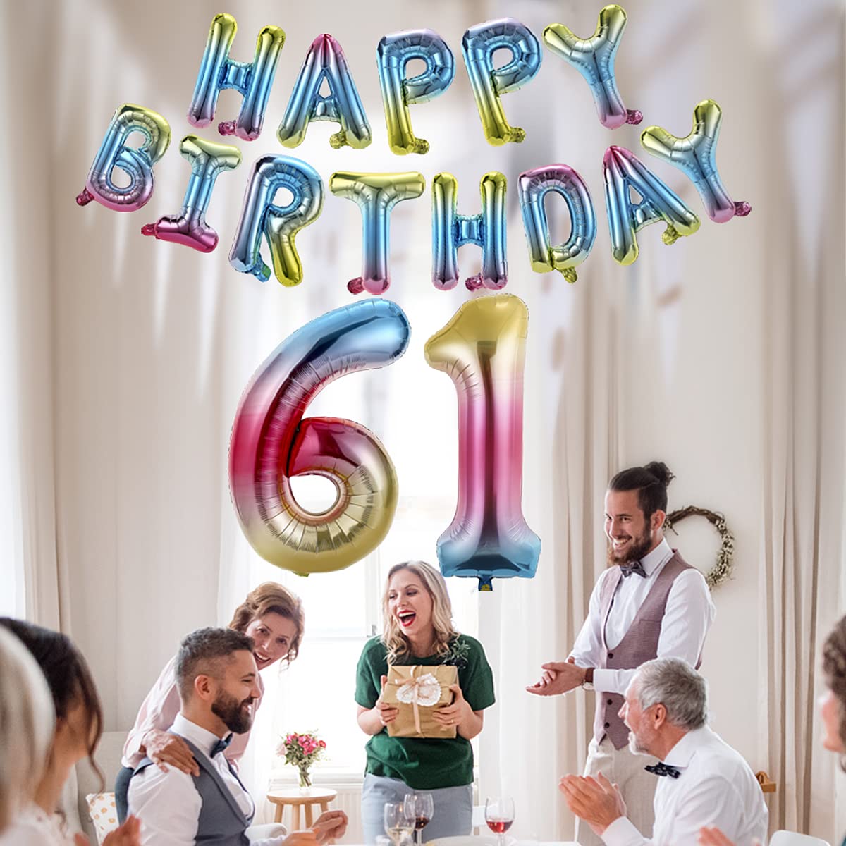 61st Birthday Party Decorations - 40 Inch Happy Birthday Number 61 Banner with Rainbow Gradient Foil Balloons for Men & Women - Perfect for Anniversary Celebrations, Retirement Parties & Milestone Events