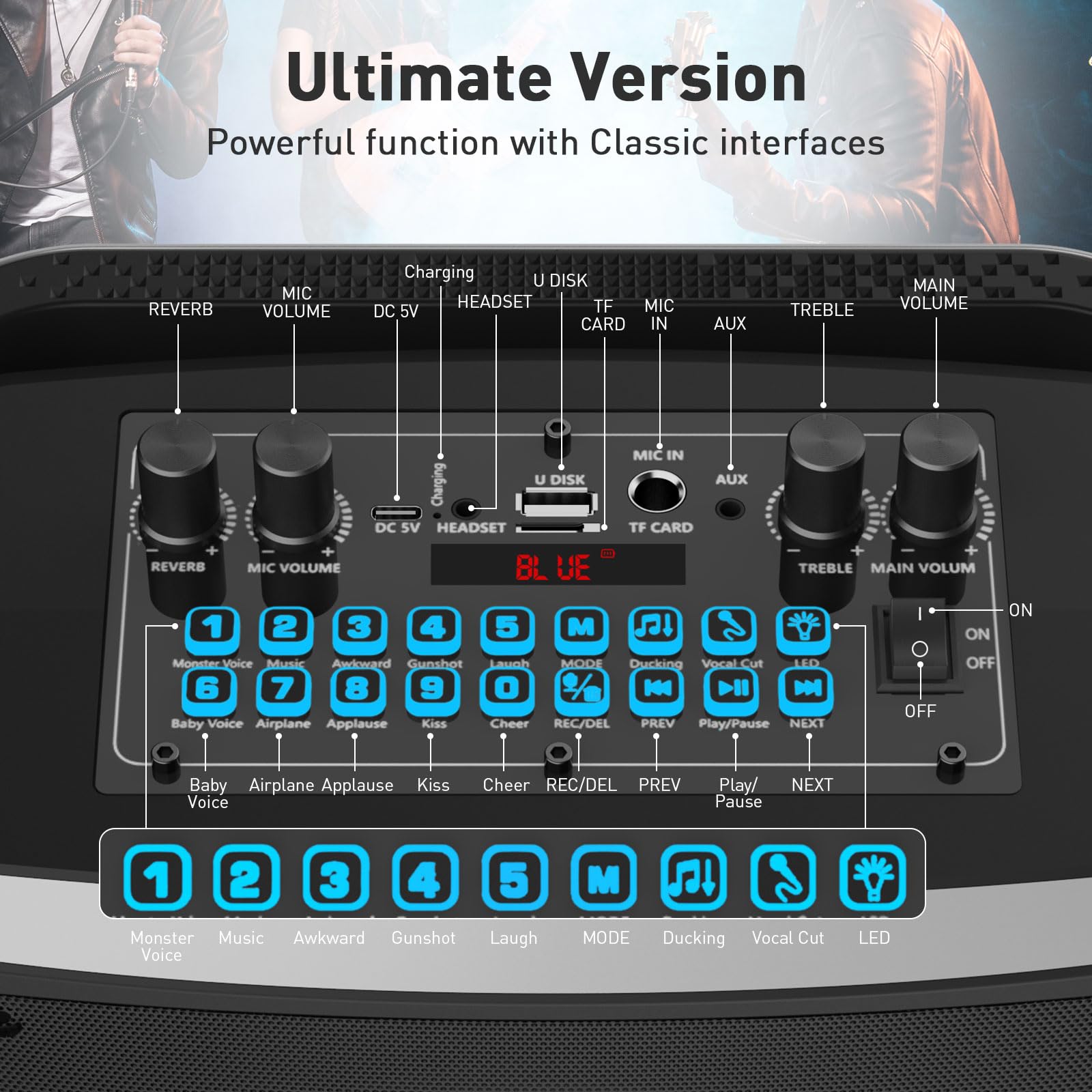 Portable Bluetooth Karaoke Machine with 2 Wireless Microphones & LED Lights - PA System Supports TF Card/USB/AUX - Perfect for Home Parties, Family Gatherings & Kids Entertainment (Black)
