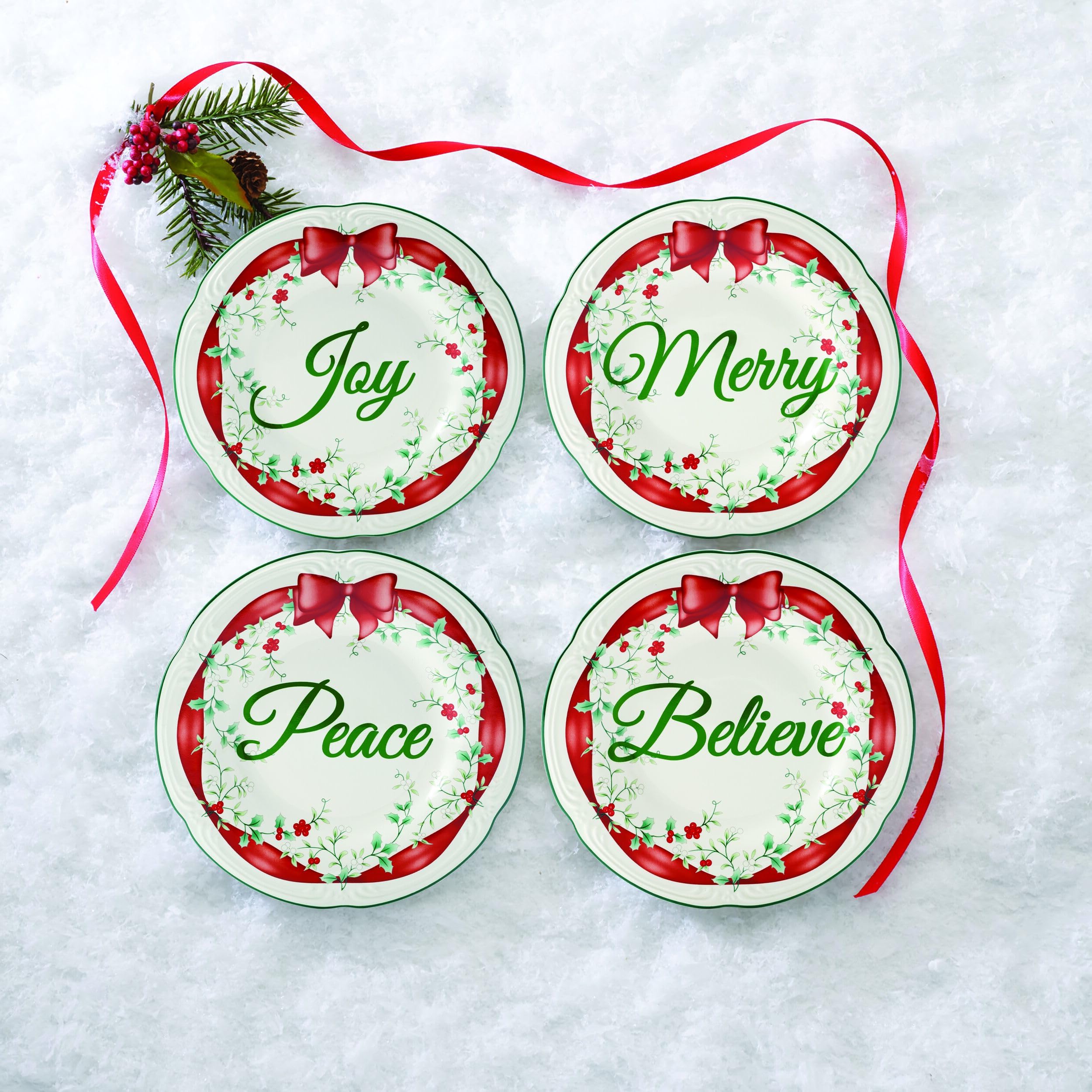 Pfaltzgraff Winterberry Red Ribbon Salad Plates Set of 4 - Elegant Dinnerware for Holiday Entertaining & Christmas Table Decor