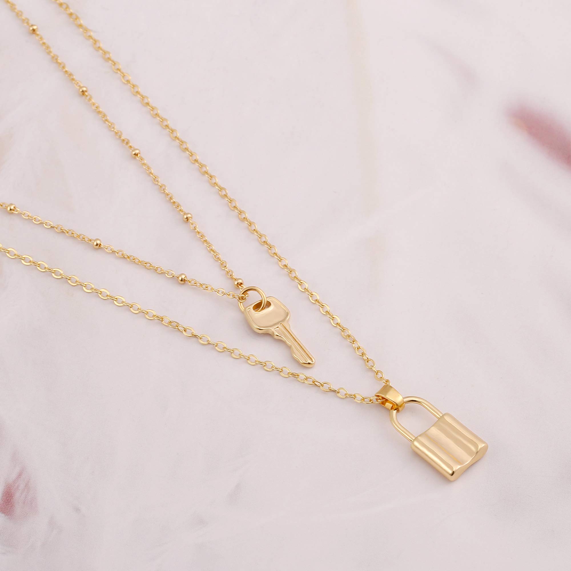 SOFYBJA 18k Gold Layered Statement Choker Necklace for Women - Tiny Lock & Key Pendant, Personalized Double Chain Necklace | Perfect for Date Nights, Weddings & Special Occasions