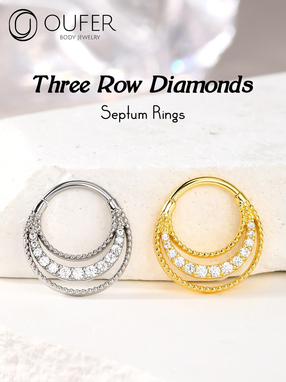 OUFER 16G Septum Rings - 3 Rows Paved Shiny Clear CZ Septum Jewelry | 316L Stainless Steel Nose Ring for Women & Men | Perfect for Helix, Cartilage, Conch & Daith Piercings | Ideal for Everyday Wear, Parties & Special Occasions