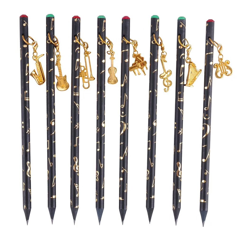 8-Pack Pre-Sharpened Artist Pencils with Music Note Design - Charcoal Drawing Pencils Featuring Diamond Top & Gold Plated Musical Instrument Pendant - Perfect for Sketching, Music Lovers, and Gift Giving