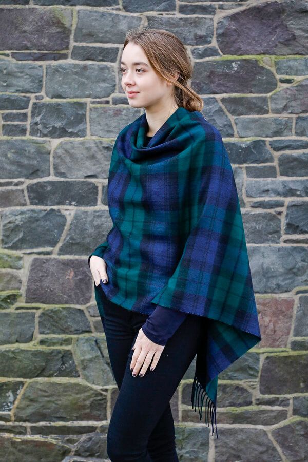 Georgia Black Watch Modern Lambswool Poncho - Stylish Tartan Shawl Wrap for Women | Perfect for Fall, Winter & Outdoor Activities