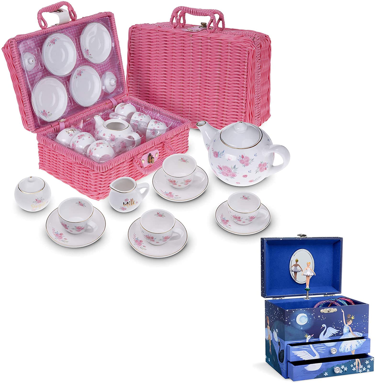 Ballerina Musical Jewelry Box with 2 Pullout Drawers & 13-Piece Porcelain Tea Set for Girls - Floral Design Pink Picnic Basket Gift Set | Perfect for Tea Parties, Birthday Gifts & Pretend Play