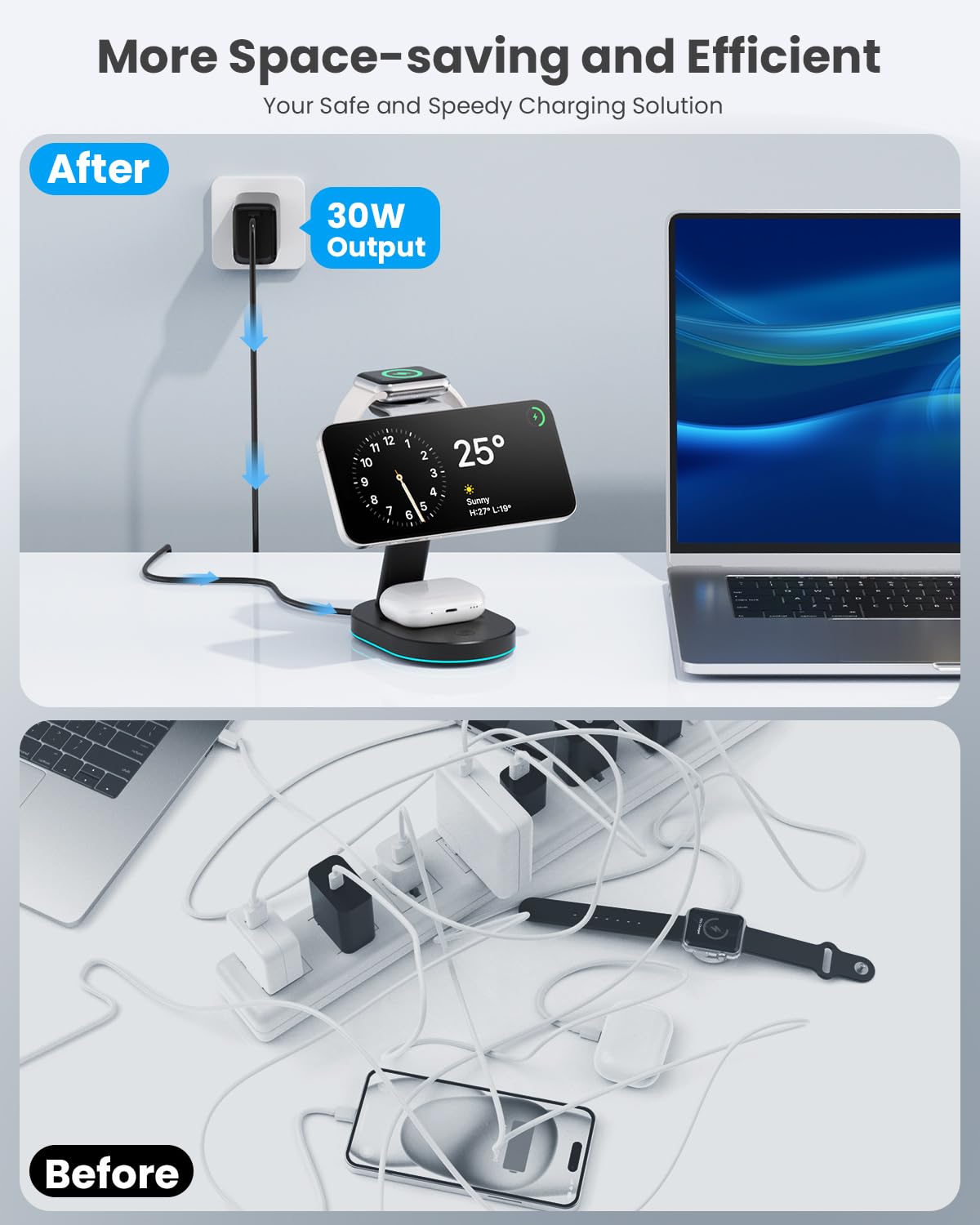 3 in 1 Wireless Charging Station for iPhone 16/15/14/13/12 - Qi2 Certified 15W Magnetic Charger with 30W USB C Adapter & Night Light - Compatible with Apple Watch & AirPods - Perfect for Bedside, Office & Travel Charging