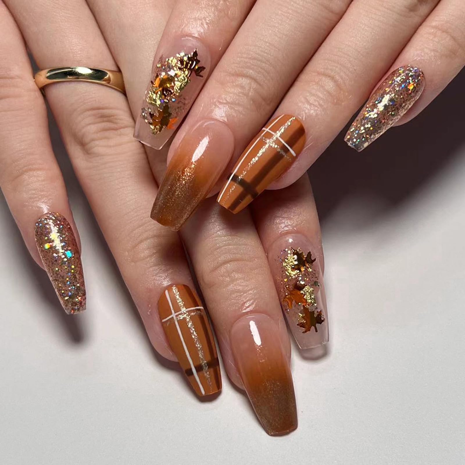 Fall Press On Nails - Medium Length Acrylic Maple Leaf Design with Brown Glitter Gradient for Women | Autumn Nail Art for Parties, Halloween, Thanksgiving & Daily Wear