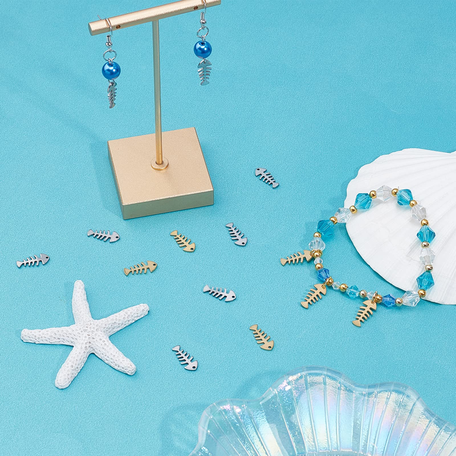 UNICRAFTALE 40pcs 2-Tone Fishbone Pendants - Hypoallergenic Stainless Steel Charms for Jewelry Making - 1.2mm Hole - Perfect for Necklaces, Bracelets & DIY Craft Projects