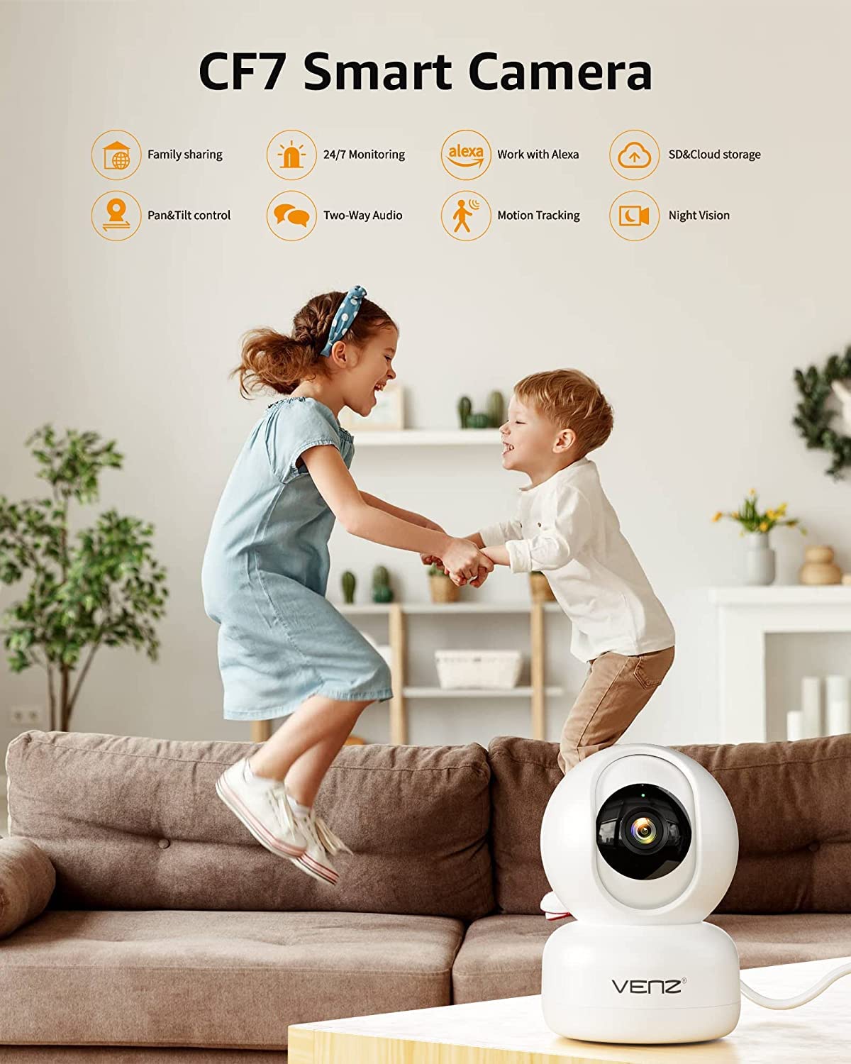VENZ 1080P Indoor Security Camera with 360° PTZ, 2.4G WiFi, Motion Detection & Tracking, 2-Way Audio, Night Vision - Pet/Baby Monitor with Phone App, Cloud/SD Storage (2 Pack) for Home, Nursery & Pet Safety