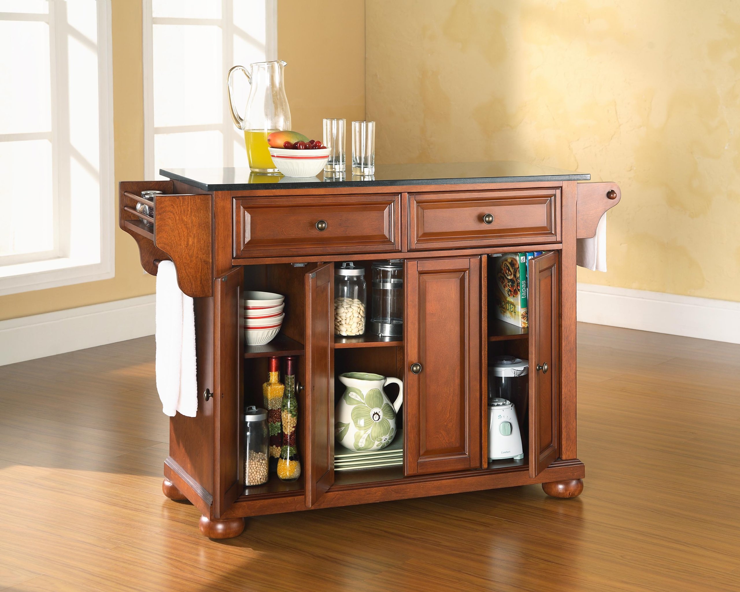 Crosley Alexandria Granite Top Rolling Kitchen Island Cart with Storage - Microwave Stand, Spice Rack, Cherry Finish - Perfect for Small Kitchens, Pantry Organization & Extra Counter Space