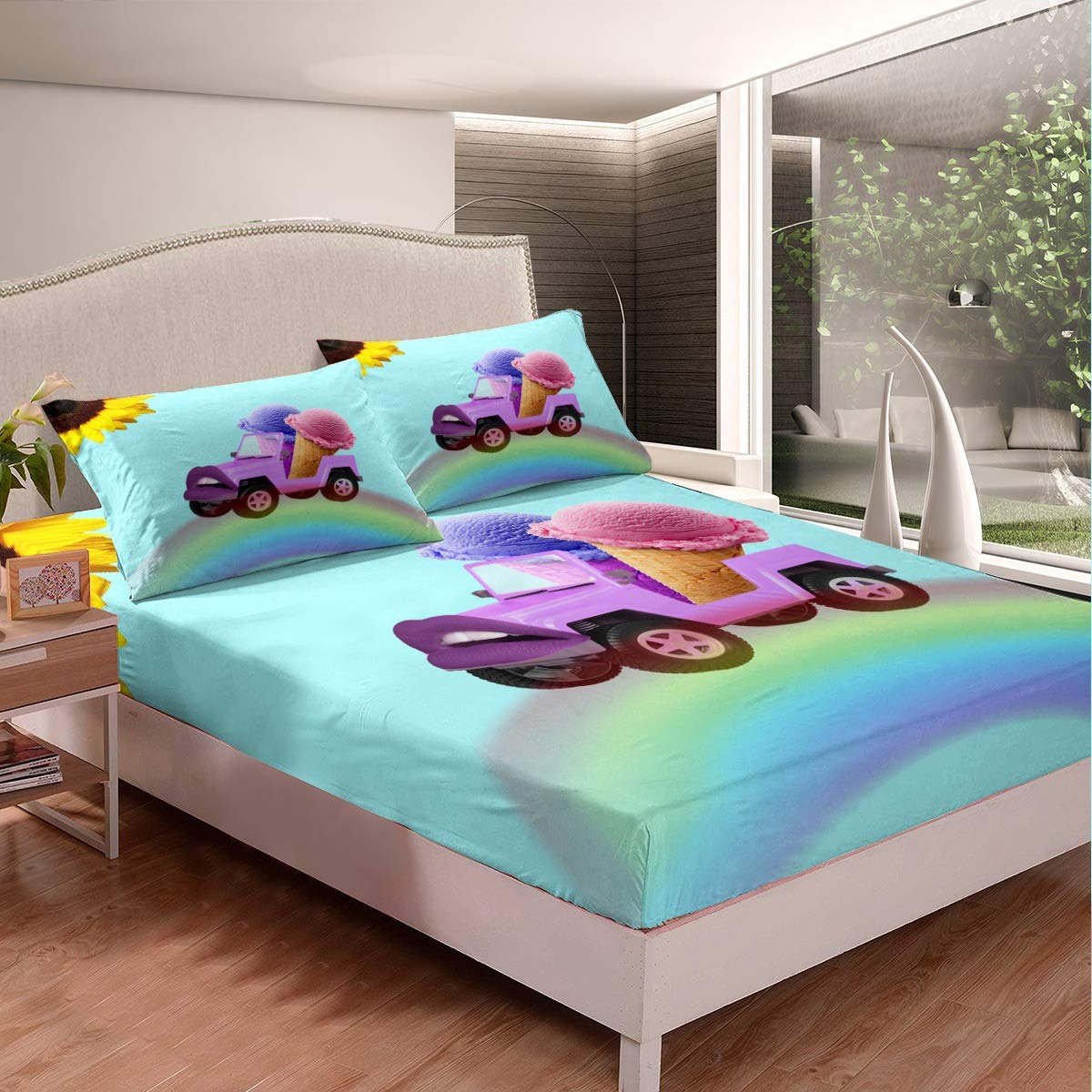 Sweet Food Sunflower Fitted Sheet Full Size - Kids Playground Bedding Set for Children & Adults - Pink Mint Ice Cream Print 3-Piece Quilt Set - Perfect for Bedroom, Daycare & Playroom Decor