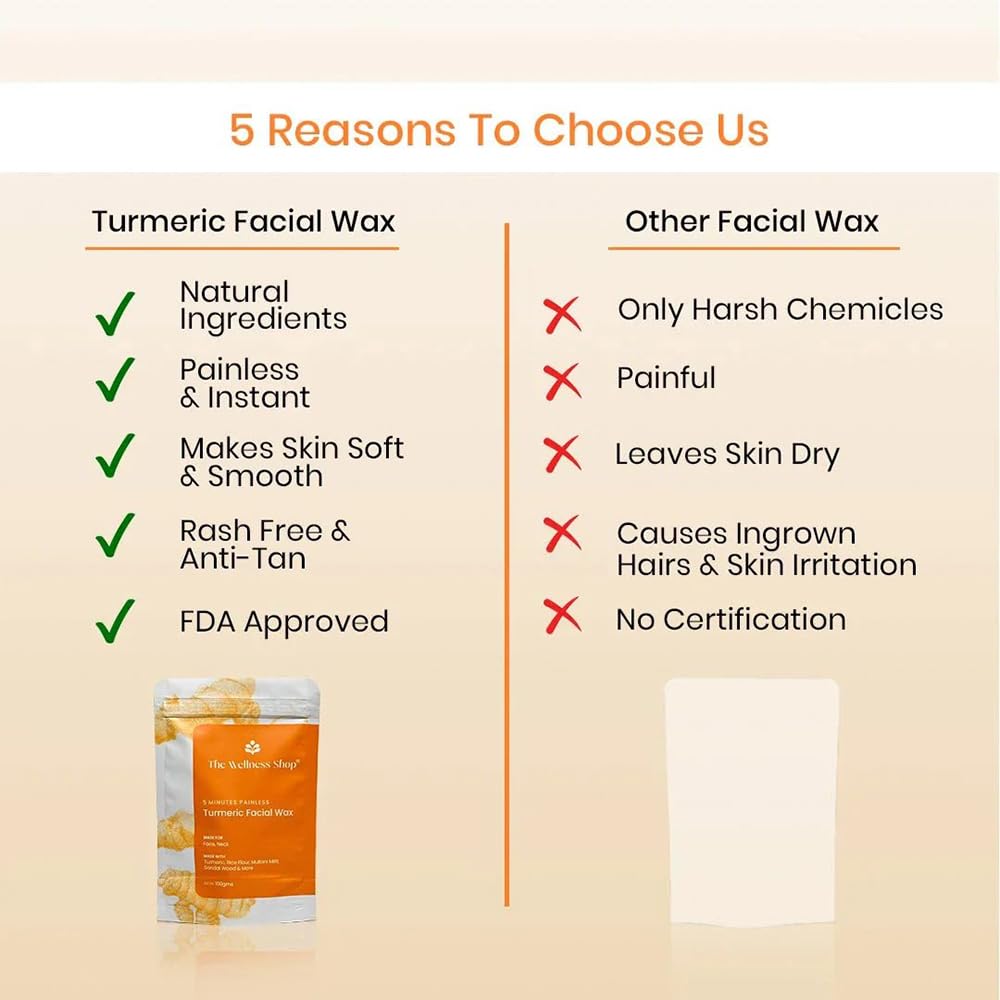 Natural Turmeric Facial Wax Powder for Women - 5 Minute Painless Hair Removal, Easy At-Home Use (100g) | Smooth Skin for Bikini, Legs & Face | The Wellness Shop