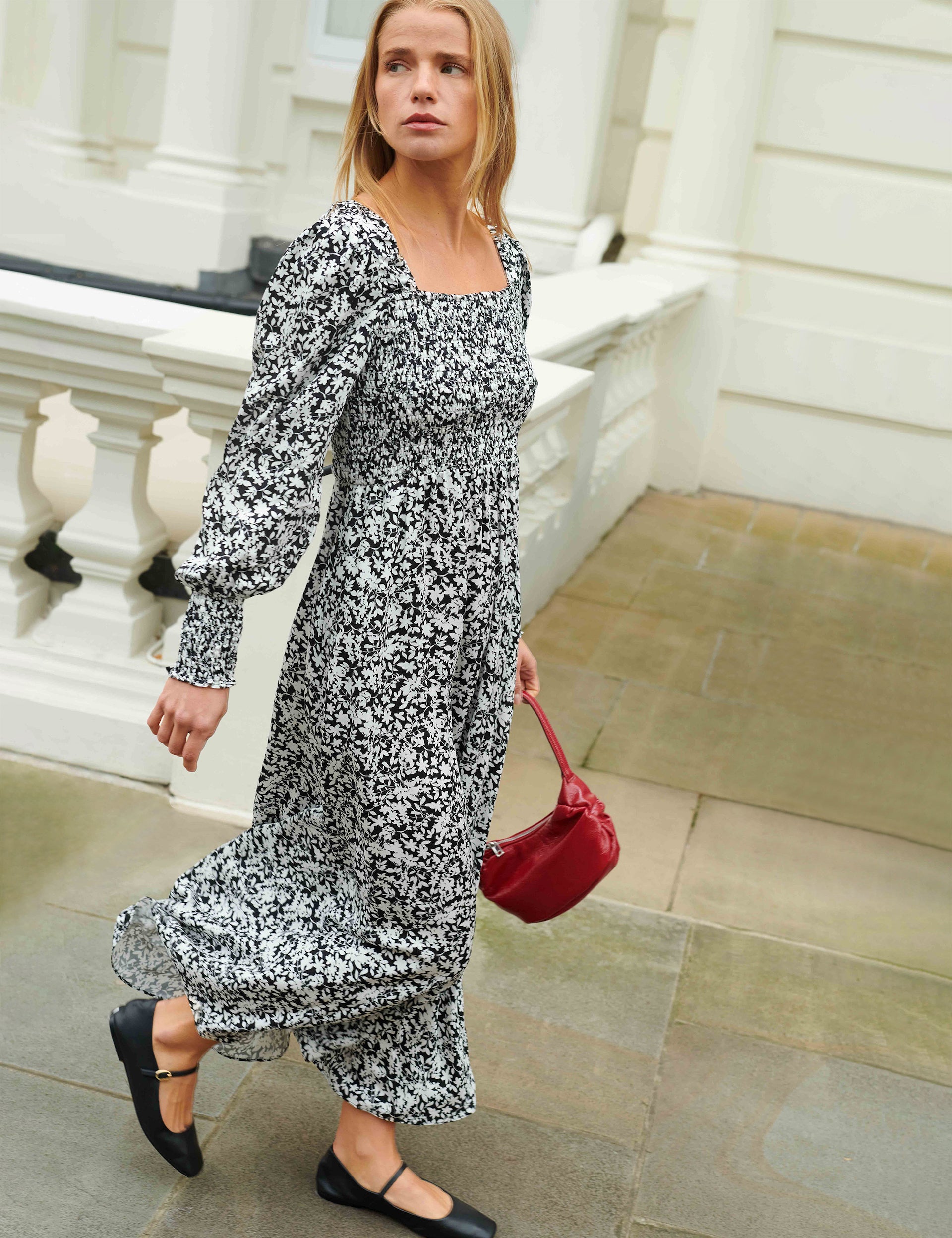 Floral Print Shirred Midi Dress for Women - Elegant Summer Casual & Party Wear - Perfect for Beach, Brunch, and Date Nights