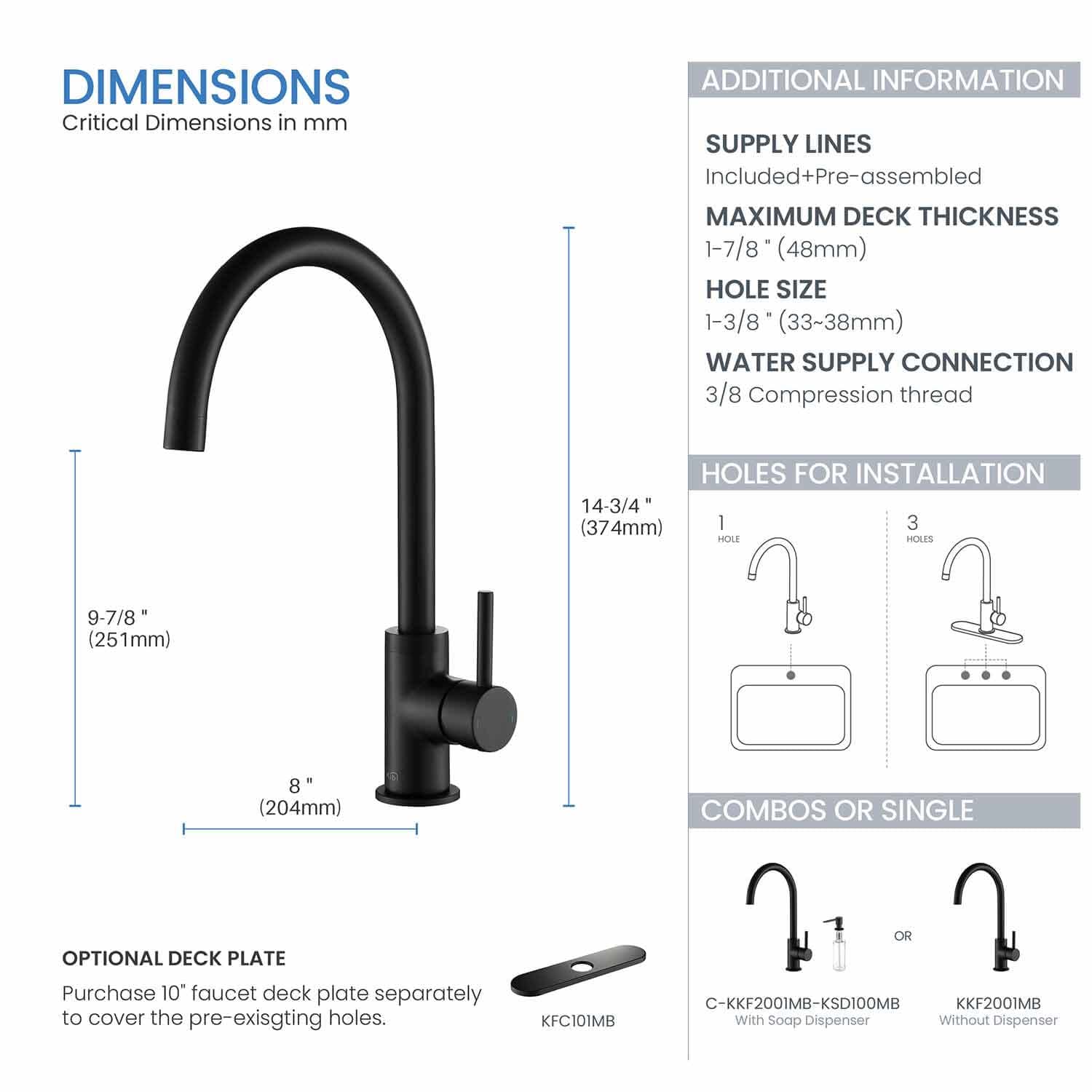 KIBI KKF2001 Matte Black High Arc Single Hole Kitchen Faucet - 360° Swivel Spout, Rust & Corrosion Resistant - Perfect for Modern Farmhouse, RV & Small Kitchen Sinks