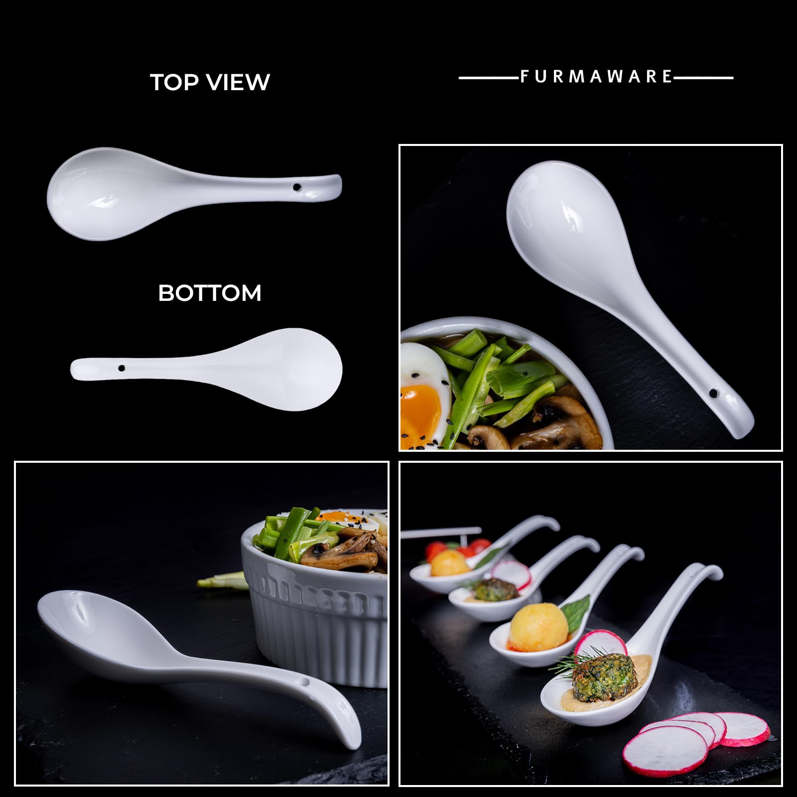 Japanese Soup Spoons 6-Piece Set - Fine Porcelain for Ramen, Pho & Noodles