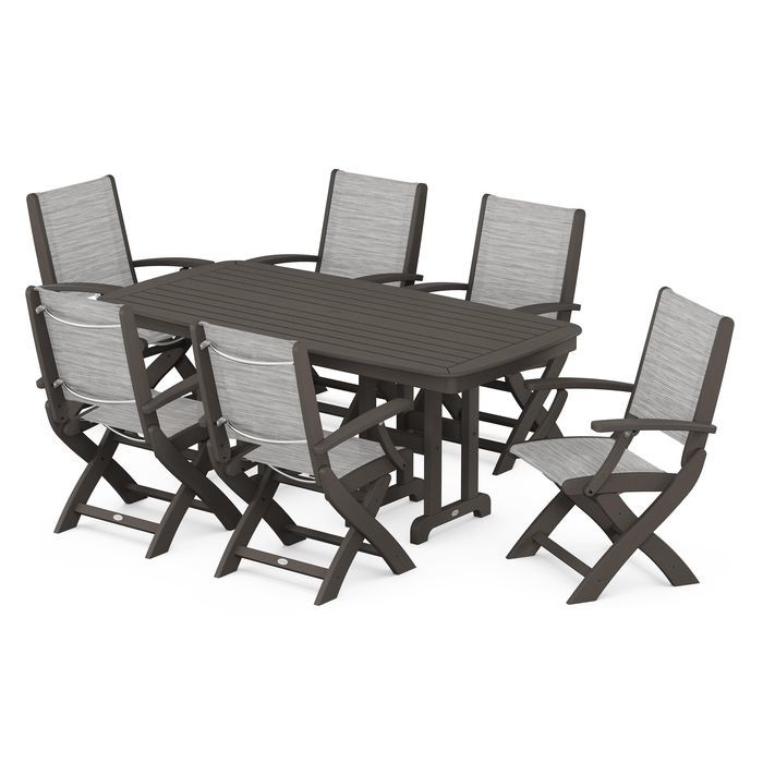 POLYWOOD Coastal Folding Arm Chair 7-Piece Outdoor Dining Set - Perfect for Patio, Deck, Poolside & Beachfront Entertaining