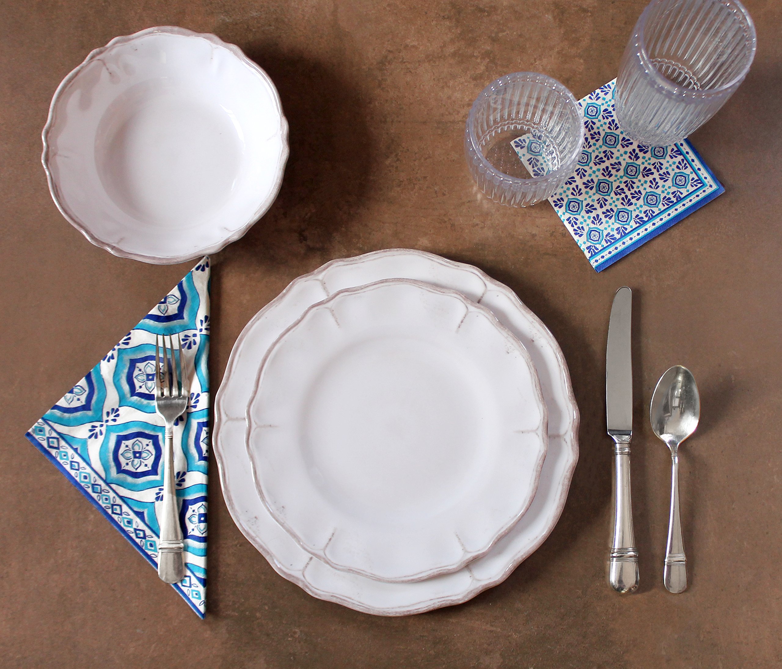 Luxury Melamine Dinnerware Set - 12 Piece Service for 4, Rustica Antiqua White | Shatterproof & Lightweight Dinner Plates, Bowls & Mugs | Perfect for Outdoor Dining, Picnics & RV Camping