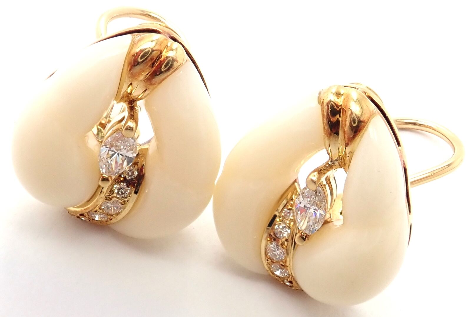 Authentic Mikimoto 18K Yellow Gold Diamond White Coral Earrings - Luxury Pearl Jewelry for Women - Perfect for Weddings, Anniversaries & Special Occasions