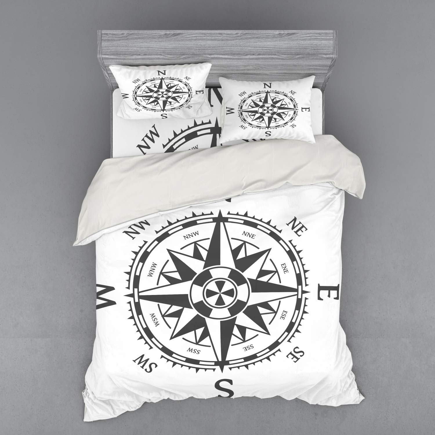Ambesonne Vintage Cartography 4-Piece Queen Duvet Cover Set - Compass Wind Rose Travel Theme Bedding with Shams & Fitted Sheet, Charcoal Grey & White - Perfect for Adventure-Themed Bedrooms & Travel Enthusiasts