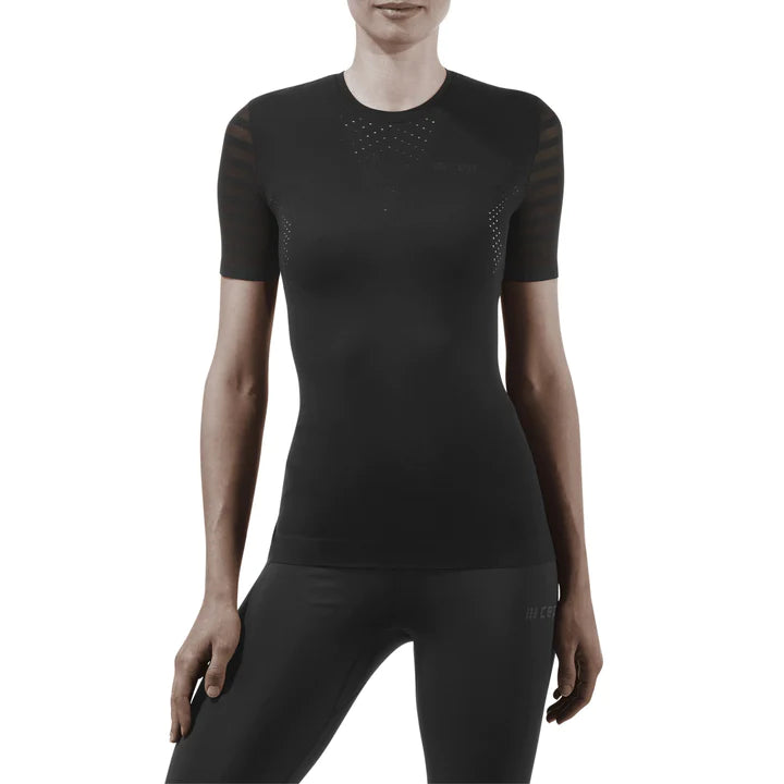 CEP Women's Run Ultralight Short Sleeve Shirt - Breathable Moisture Wicking Running Top for Women - Black - Perfect for Jogging, Gym Workouts & Outdoor Activities