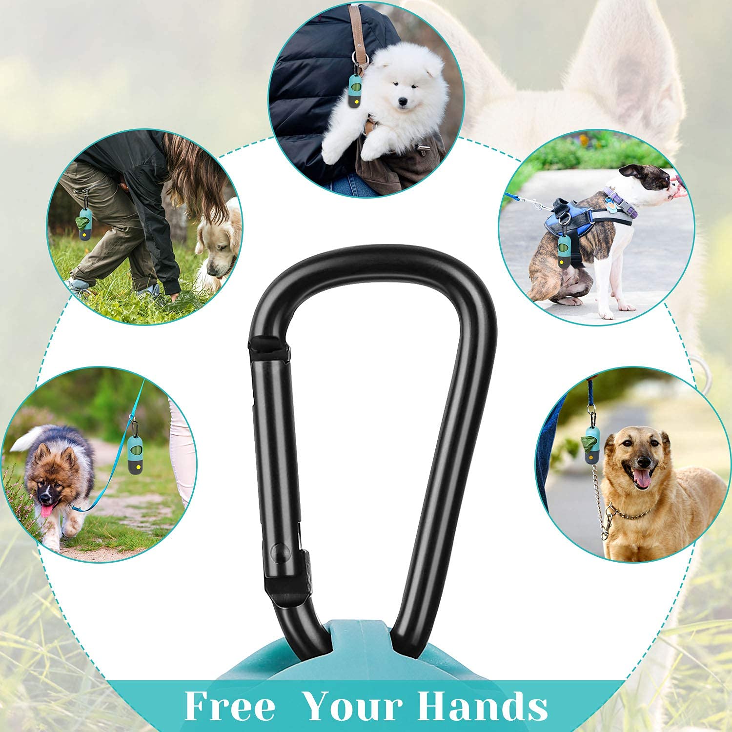 LED Dog Poop Bag Holder with Flashlight - 2 Pack Leash Attachment Waste Bag Dispenser with Carabiner Clip & 6 Rolls Included - Convenient for Night Walks, Park Visits, and Travel with Your Pet