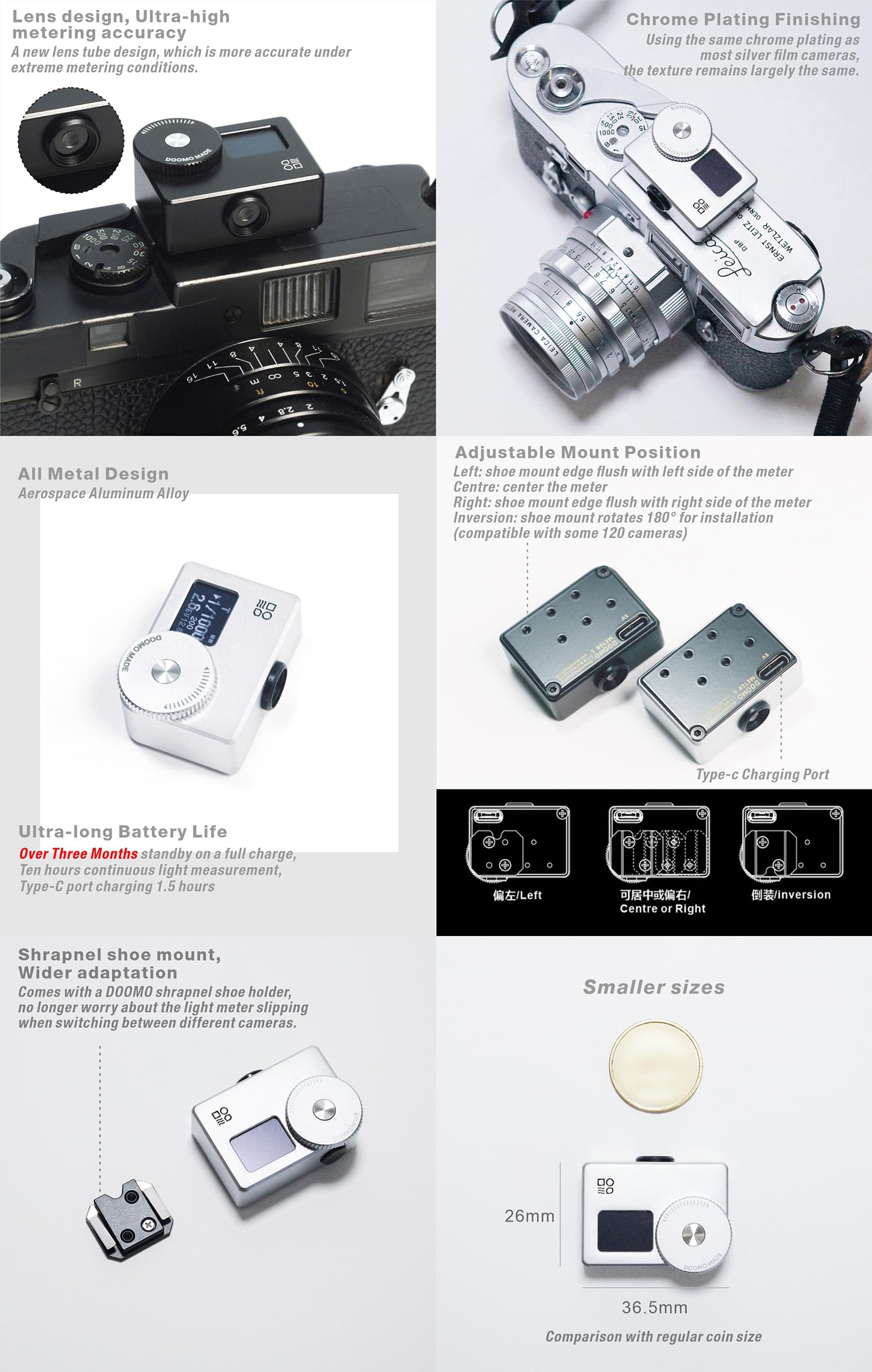 OLED Light Meter S - New Screen Design for Vintage Cameras | Real-Time & One-Button Metering | Perfect for Film Photography & Analog Camera Enthusiasts (Chrome)