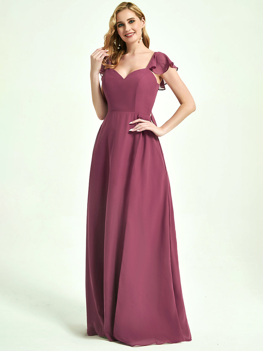 Elegant Blush Pink Ruffle Cap Sleeve V-Neck Floor-Length Bridesmaid Dress with High Slit - Perfect for Weddings, Formal Events & Prom
