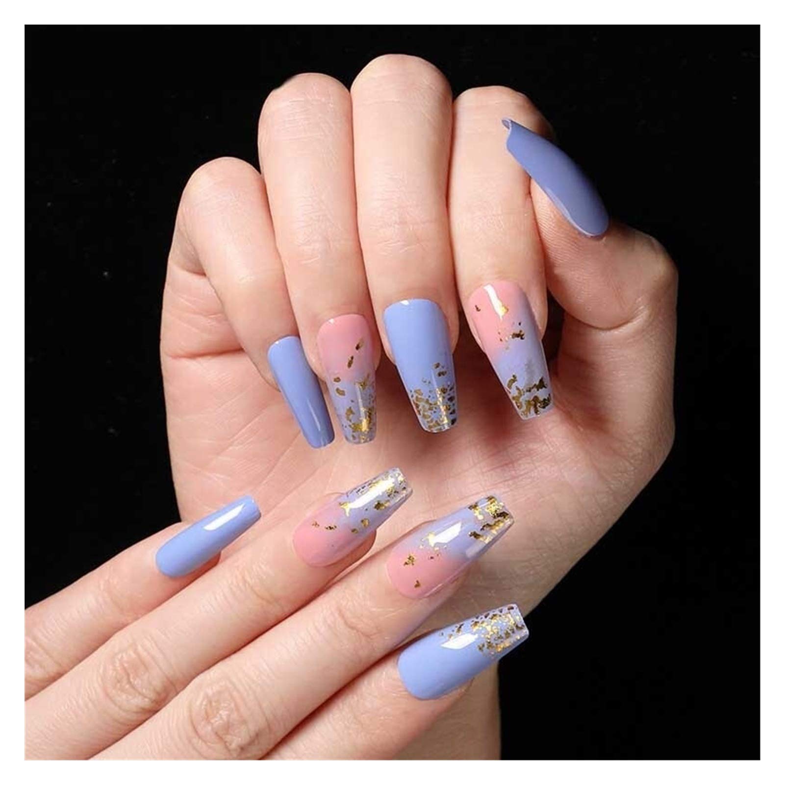 24Pcs Blue Platinum Press On Nails - Pre-Designed Acrylic Nail Tips with European & American Style for Salon Quality Manicure | Perfect for Parties, Weddings and Special Occasions