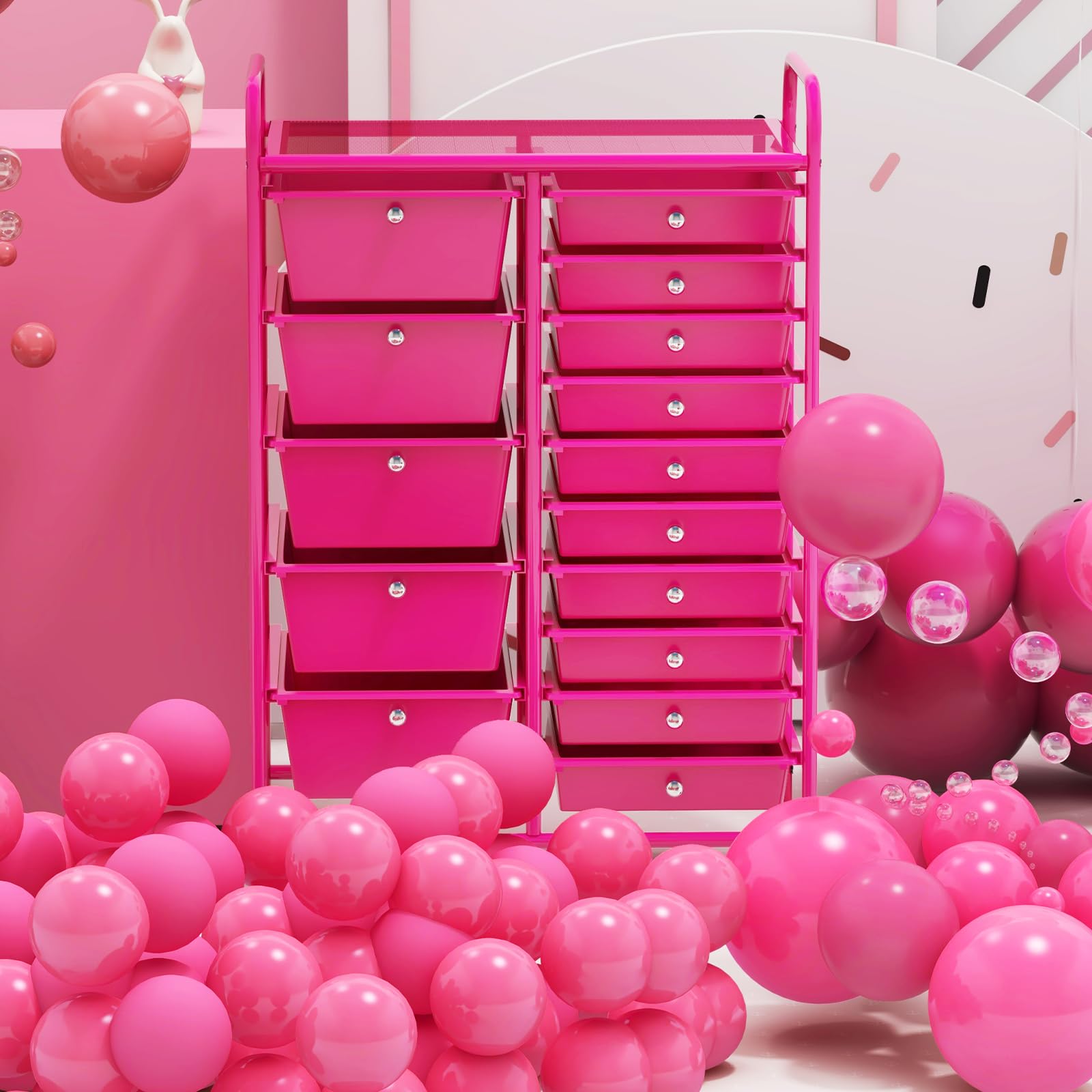 15-Drawer Rolling Storage Cart with Lockable Wheels - Multipurpose Craft Organizer for Tools, Arts, Scrapbooking, Papers - Perfect for Home, Office & School Use (Hot Pink) - Ideal for Craft Rooms, Classrooms & Workspaces