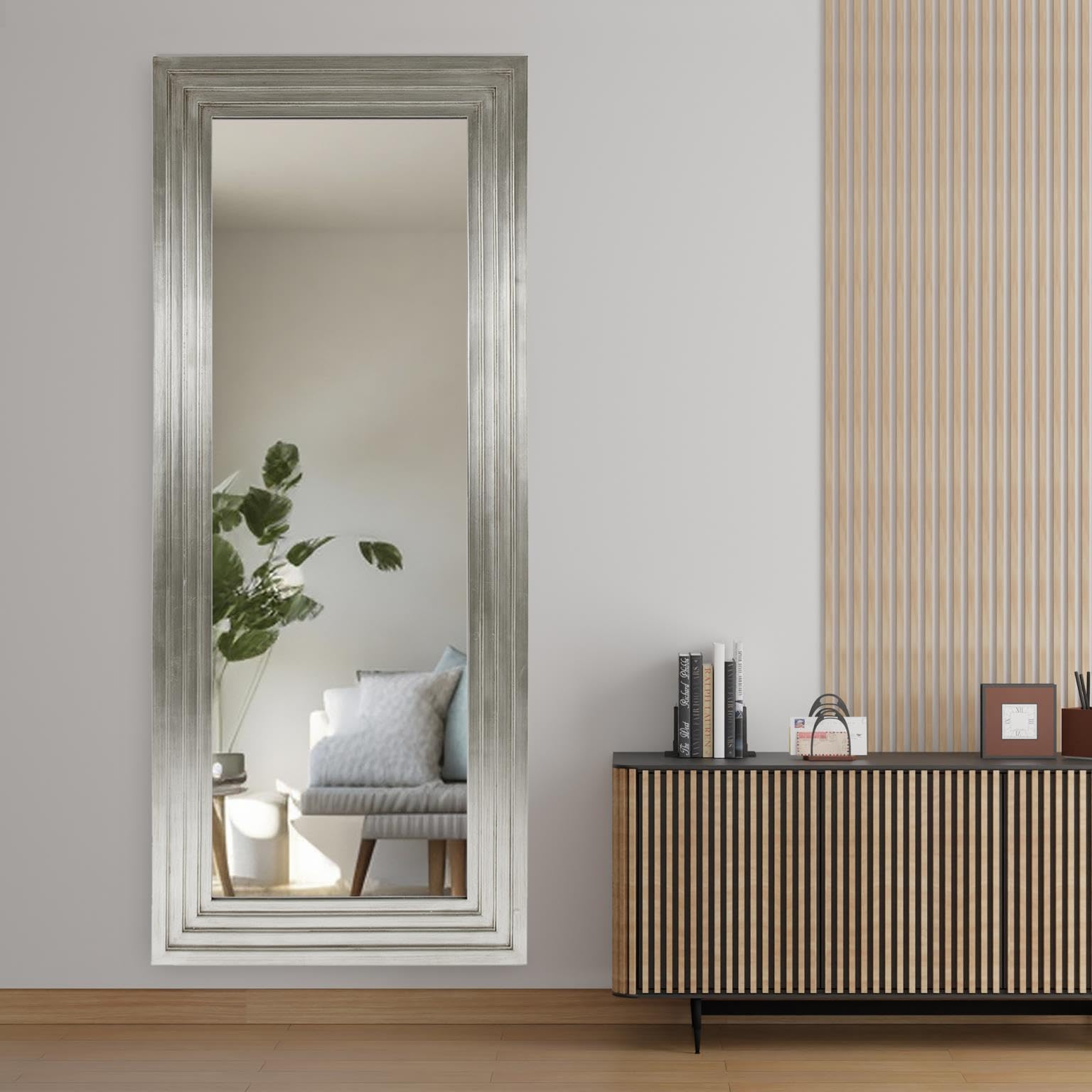 Howard Elliott Nickel Tall Delano Mirror - 34 x 82 Inch Large Full Length Standing Mirror with Stepped Design for Bedroom, Living Room, or Entryway Decor