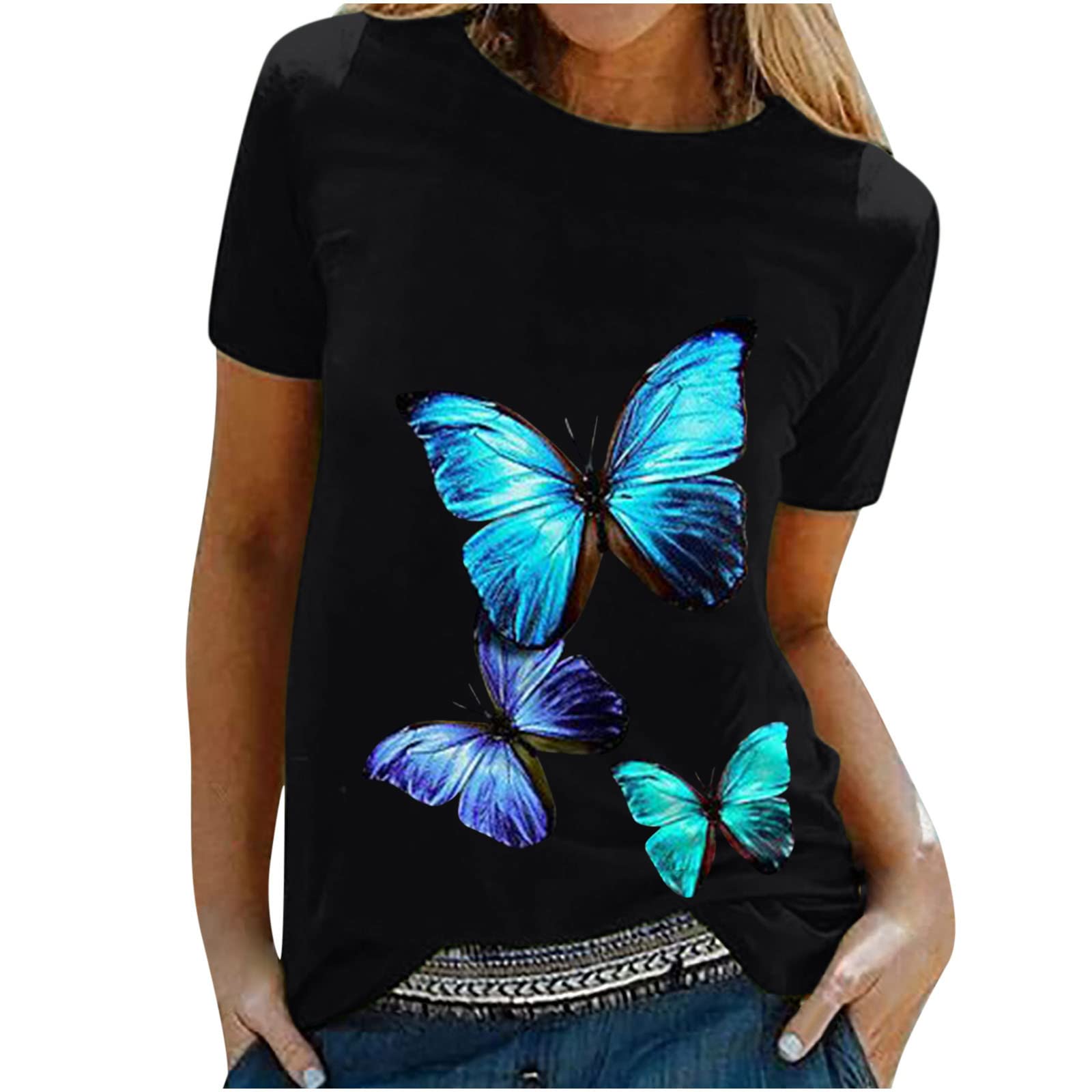 Butterfly Print Women's Plus Size Crew Neck Tee Shirt - Summer Casual Tank Tops for Women | Perfect for Beach Outings, Daily Wear & Vacation Essentials