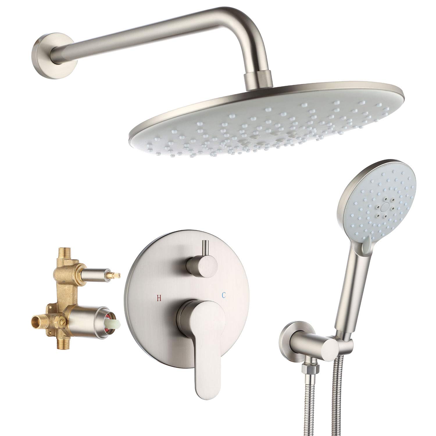 Alltaco Brushed Nickel Shower System with Anti-Scald Valve - 10 Inch Rainfall Shower Head & Handheld Sprayer - High Pressure Wall Mounted Bathroom Faucet Set for Spa-Like Experience & Modern Home Decor