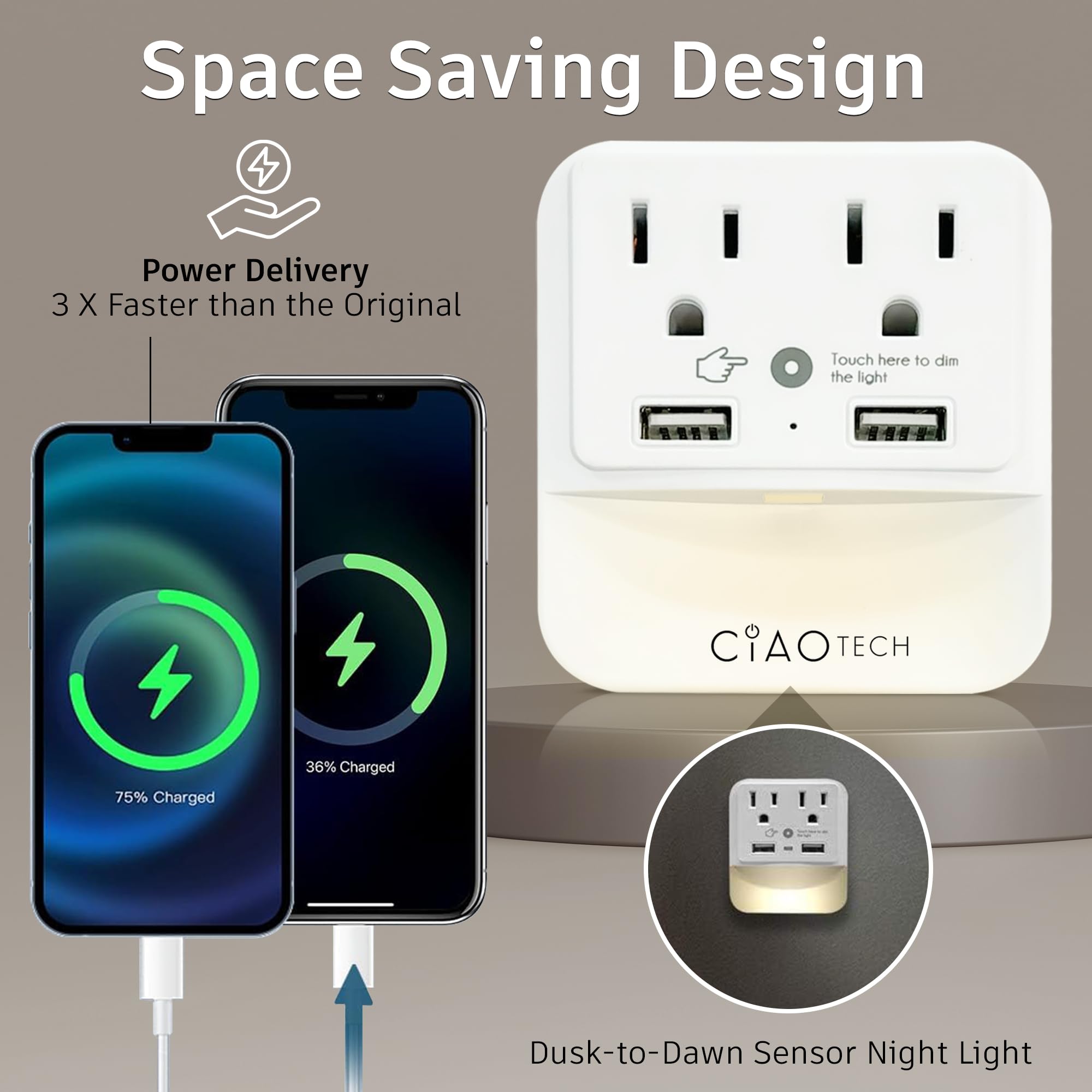 2-Outlet Power Adapter with Nightlight, 2 USB Ports (2.1A Total), Surge Protection & Dusk-to-Dawn Sensor - Multi Plug for Home, Office, School (White) - Perfect for Bedrooms, Dorms and Workspaces