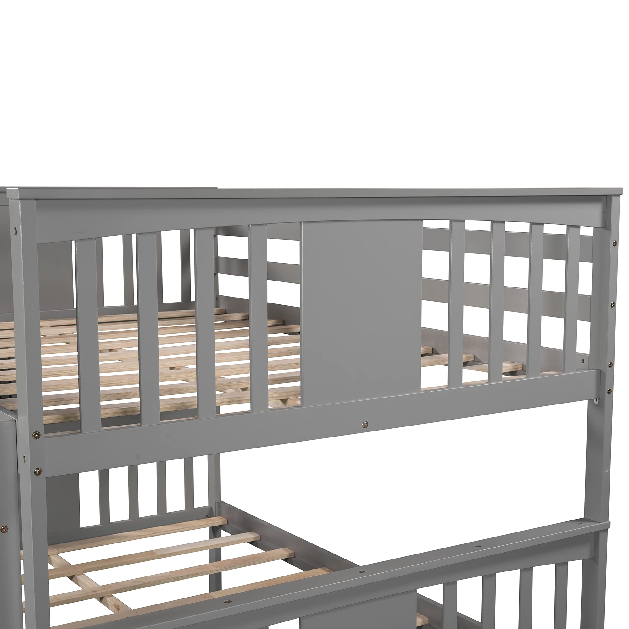 Convertible Full Over Full Bunk Bed with Storage Drawers - Sturdy Wood Bunk Bed Frame with Safety Guardrail & Ladder for Kids, Teens & Adults - Grey Twin Bunk Beds for Small Spaces - Perfect for Kids' Bedrooms, Dorm Rooms & Guest Rooms
