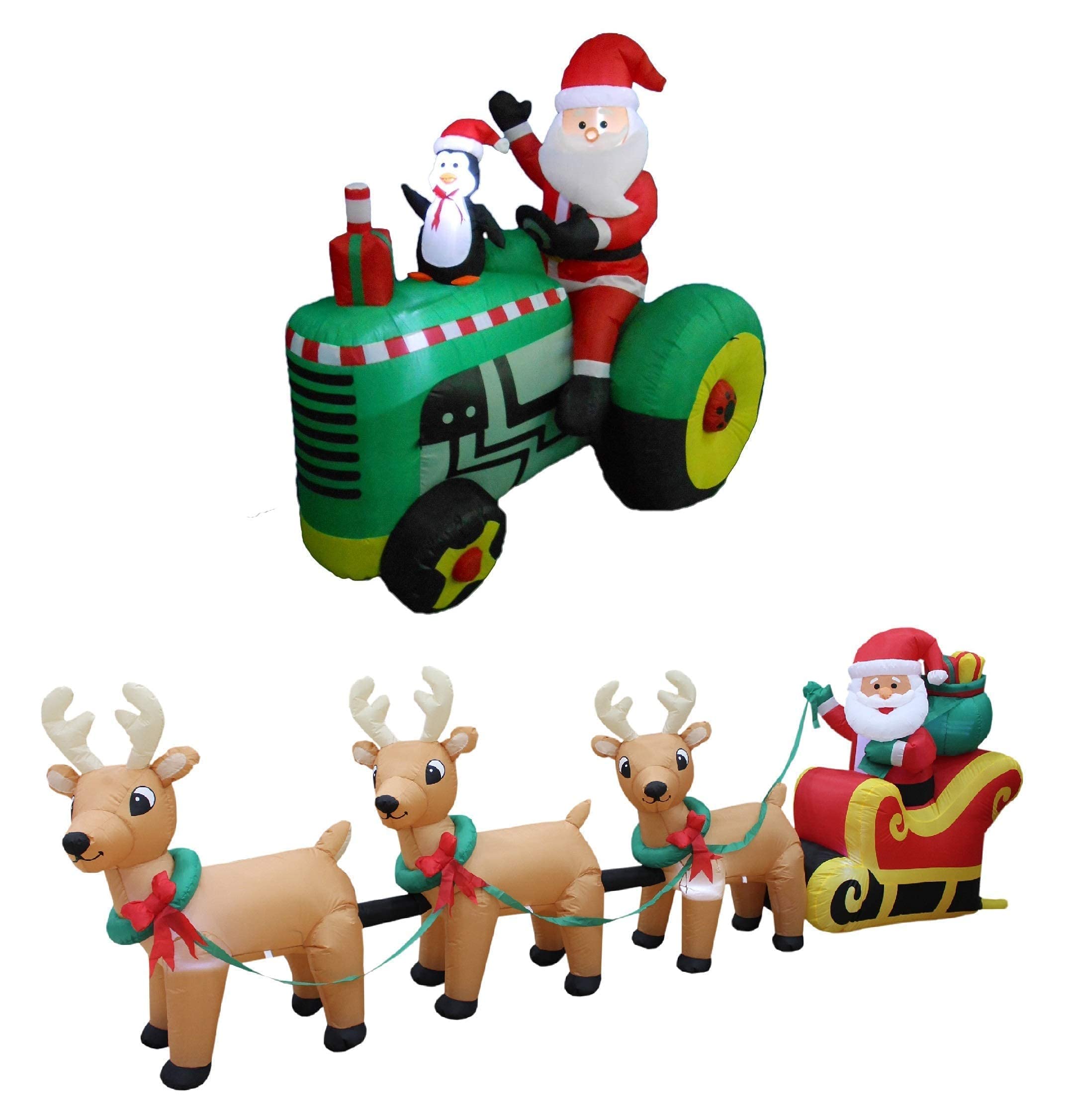 5.3ft & 12ft Christmas Inflatable Decorations Bundle - Santa on Tractor with Penguin & Santa on Sleigh with Tree - Outdoor Yard Decor for Holiday Parties, Home Decoration, and Festive Celebrations