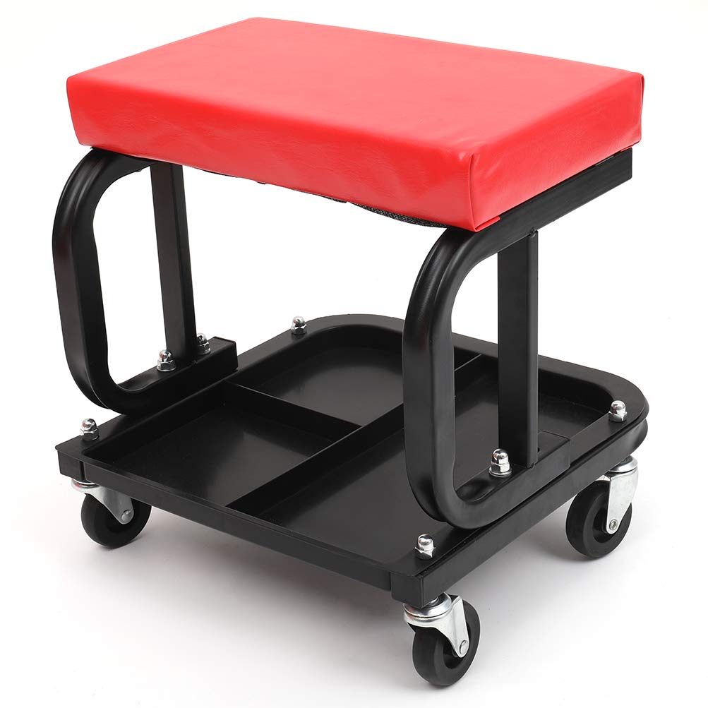 SCITOO 4-Wheel Mechanic Rolling Creeper with Padded Headrest & Tool Trays - Heavy Duty Garage Stool for Car Repair, Oil Change & Auto Maintenance - Red (Perfect for DIY Mechanics & Professional Technicians)