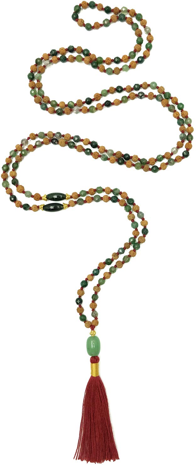216 Rudraksha Prayer Beads with 22K Gold Plated Silver Caps - Moss Agate Crystal & Turquoise Heart Pendant for Meditation, Yoga & Spiritual Healing | Perfect Hindu Buddhist Mala Necklace