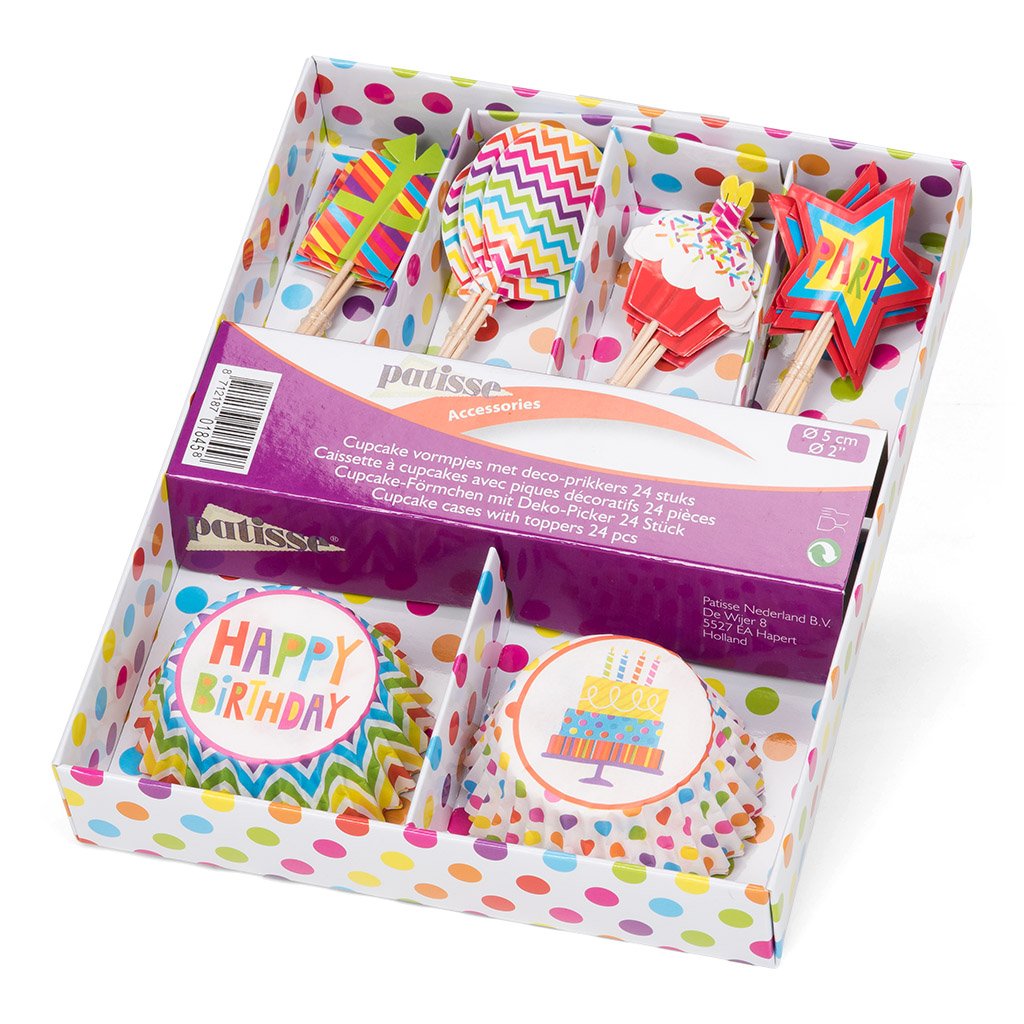 Patisse Birthday Cake Box Set with Colorful Cases & Toppers - Assorted Multi-Color Decorations for Party, Celebration, and Gift Packaging