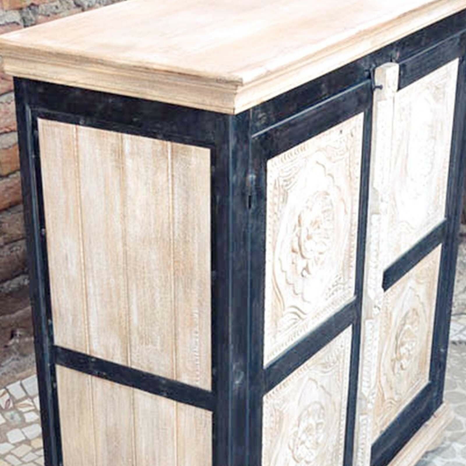 Vintage Floral Carved Solid Wood Sideboard - Whitewashed Black Finish | Farmhouse Dining Room Buffet & Entryway Storage Cabinet