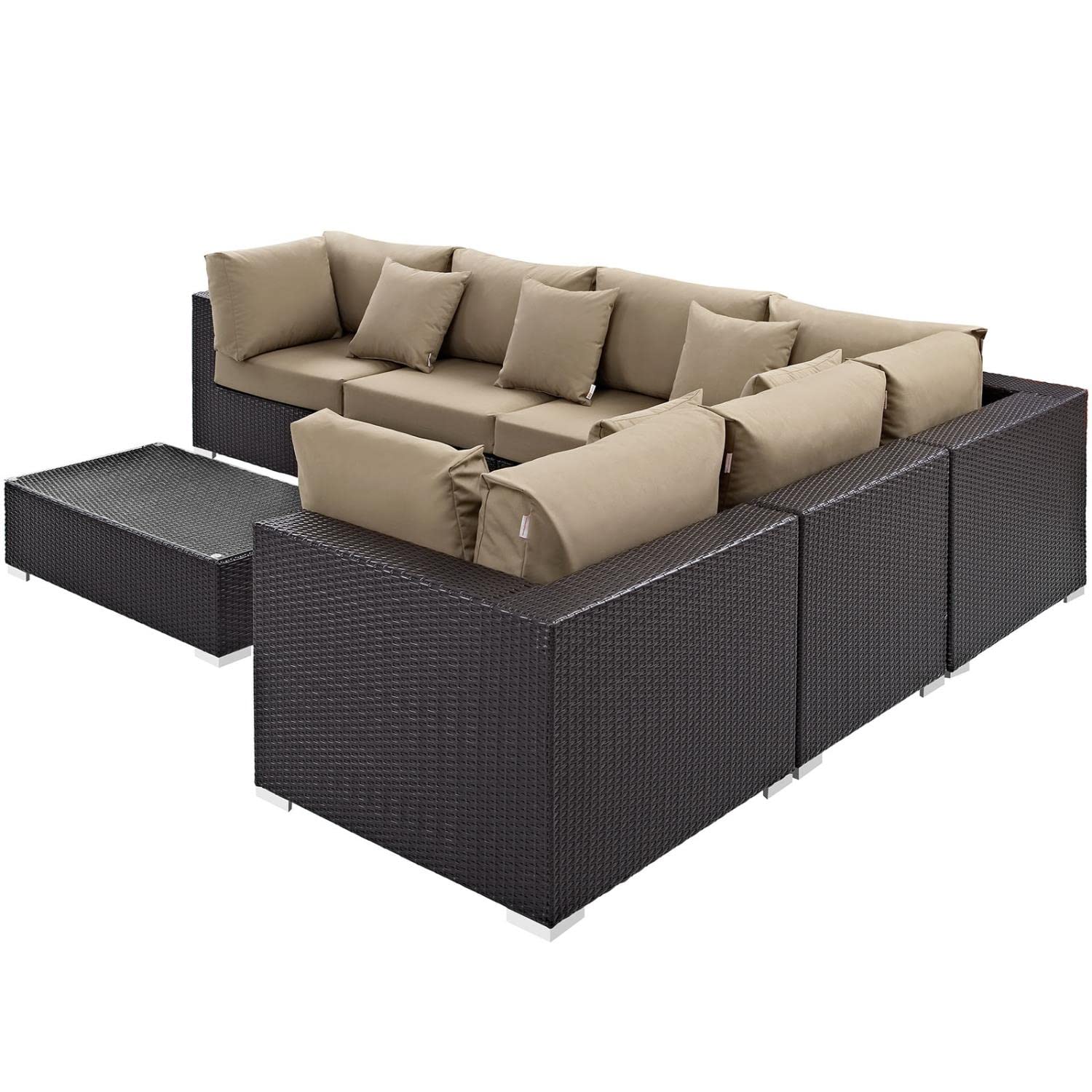 Modway Convene Collection 7-Piece Outdoor Patio Sectional Set - Espresso Mocha Brown Wicker Furniture for Backyard, Garden & Poolside Relaxation