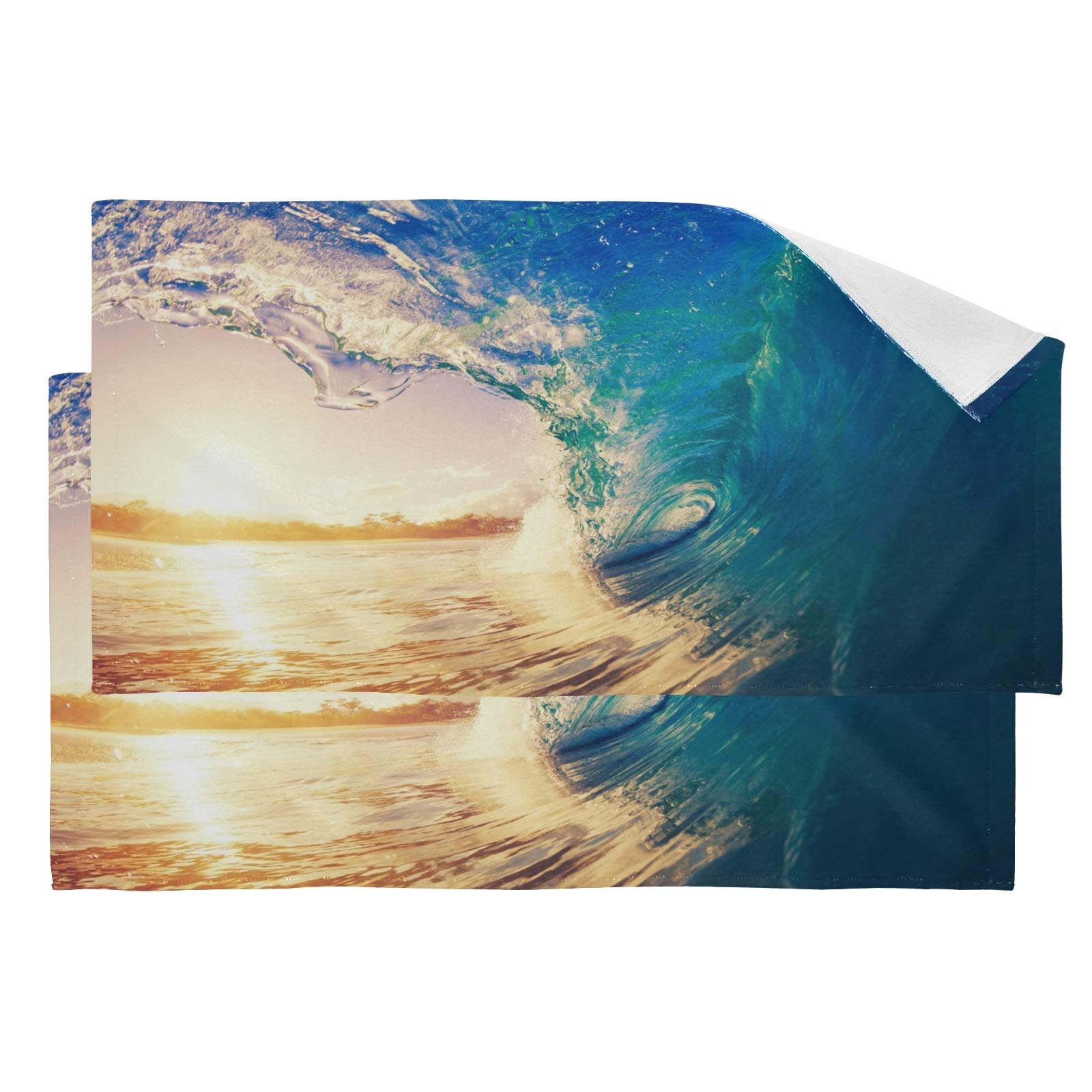 ALAZA Ultra Soft Bathroom Hand Towels Set of 2 - 28 x 14 Inch Absorbent Face Cloths & Fingertip Towels with Tropical Sunrise Wave Design for Spa, Guest Bathroom, and Beach House Decor