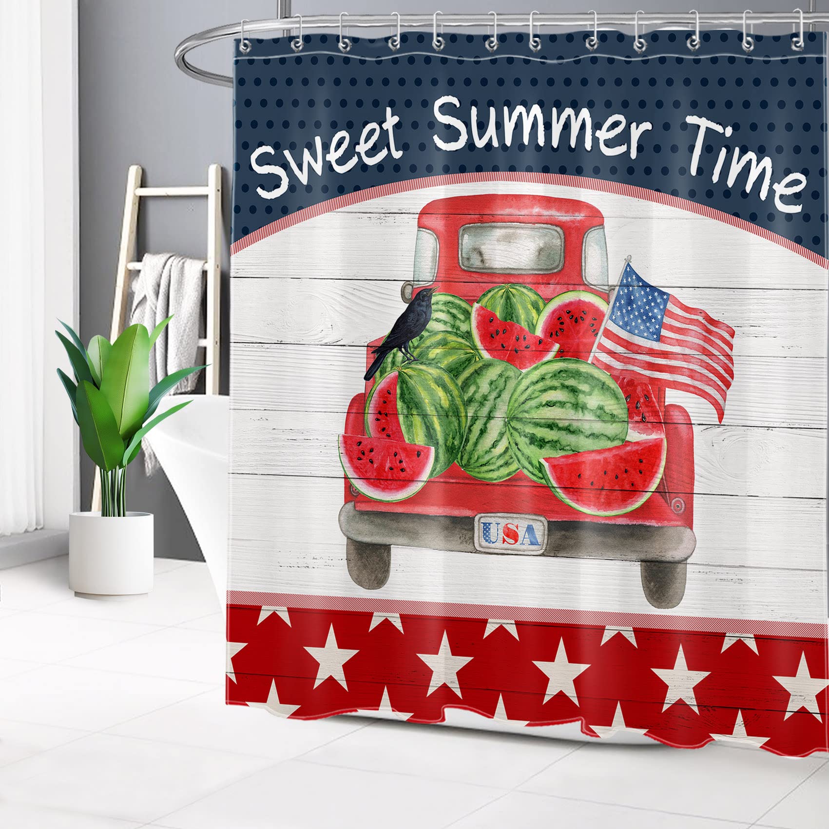 American Flag Independence Shower Curtain - Watermelon Rustic Red Truck Design Bathroom Decor, 72x72 Inch Fabric Shower Curtain with Hooks - Perfect for 4th of July, Summer Bathroom Themes & Patriotic Home Decor