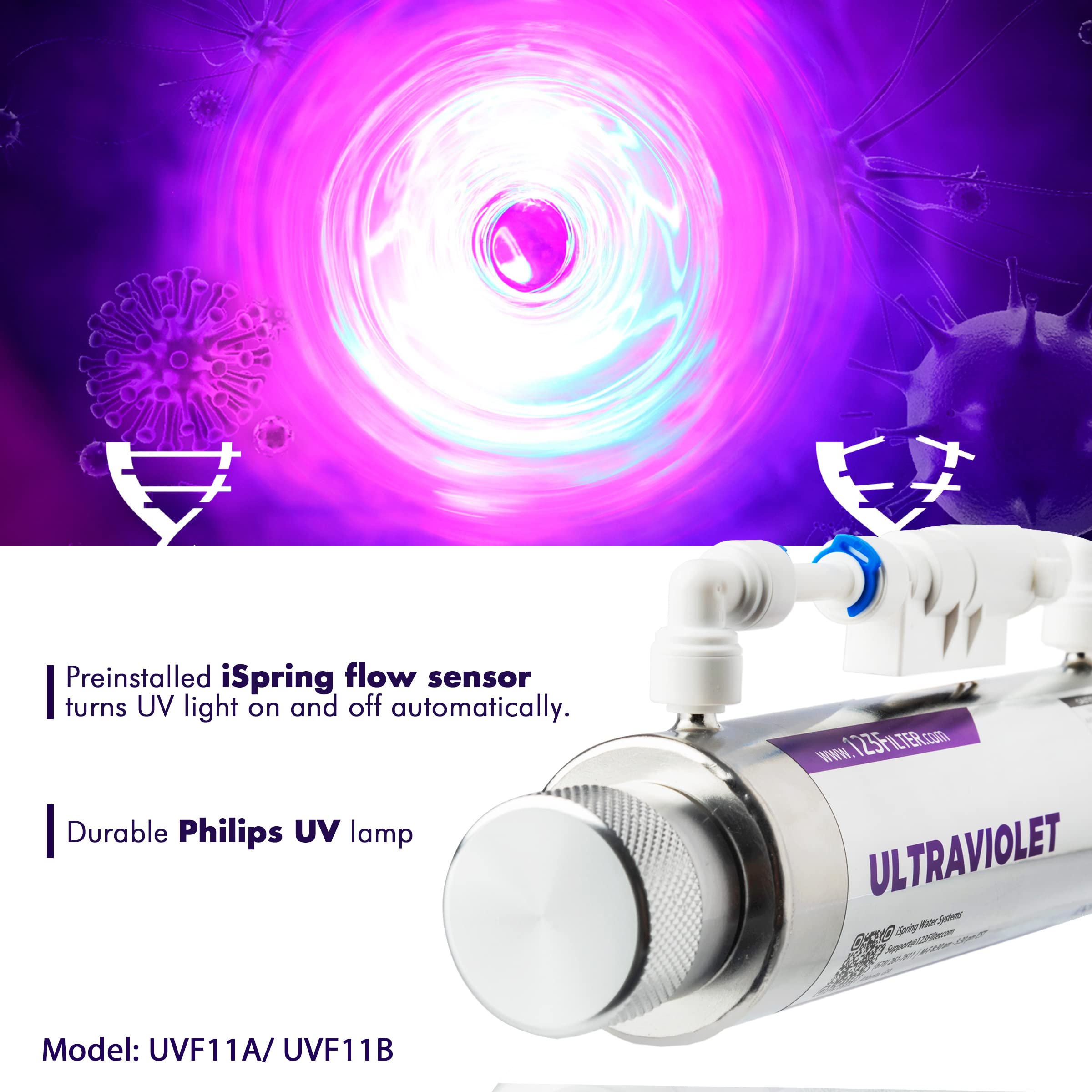 iSpring UVF11A 11W UV Ultraviolet Water Purifier Filter with Smart Flow Control Switch, 10-INCH, 110V – Ideal for Home, RV, and Well Water Filtration Systems