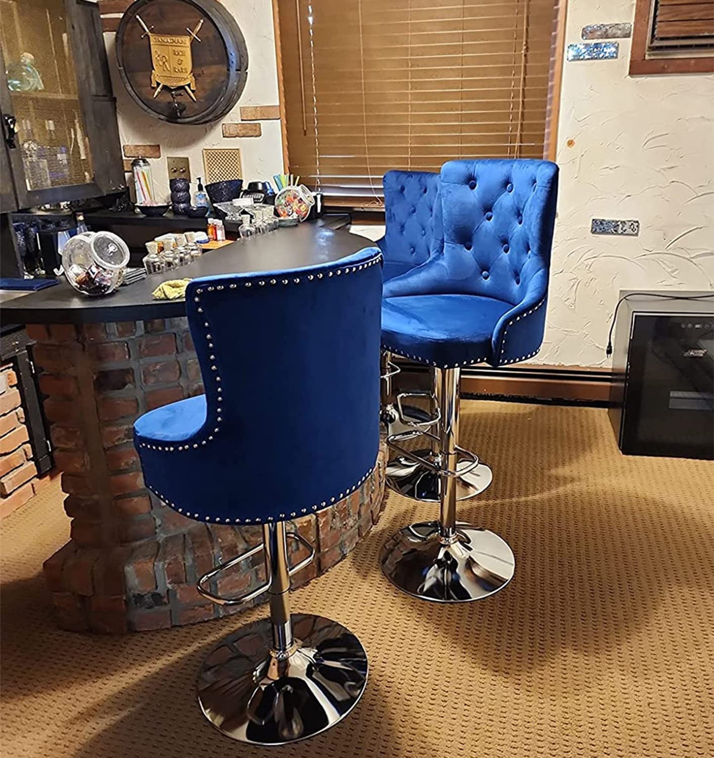 Modern Velvet Bar Stools Set of 4 - Adjustable Height High Back Counter Stools for Kitchen Island, Pub, Bar & Dining Room - Deep Blue Upholstered Seating (Perfect for Entertaining, Breakfast Nooks & Home Decor)